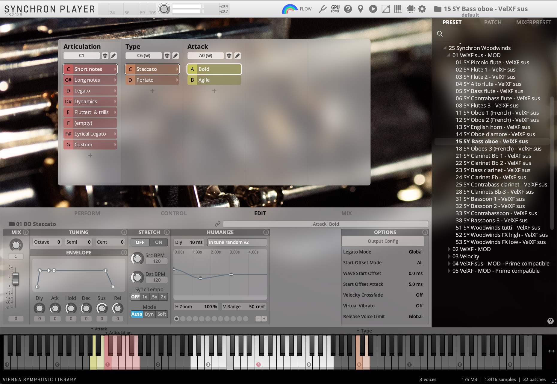 Graphical user interface of Vienna Symphonic Library Synchron Player software displaying articulation, type, attack, and additional sound modification settings for virtual instruments, including a list of woodwind presets like bass oboe