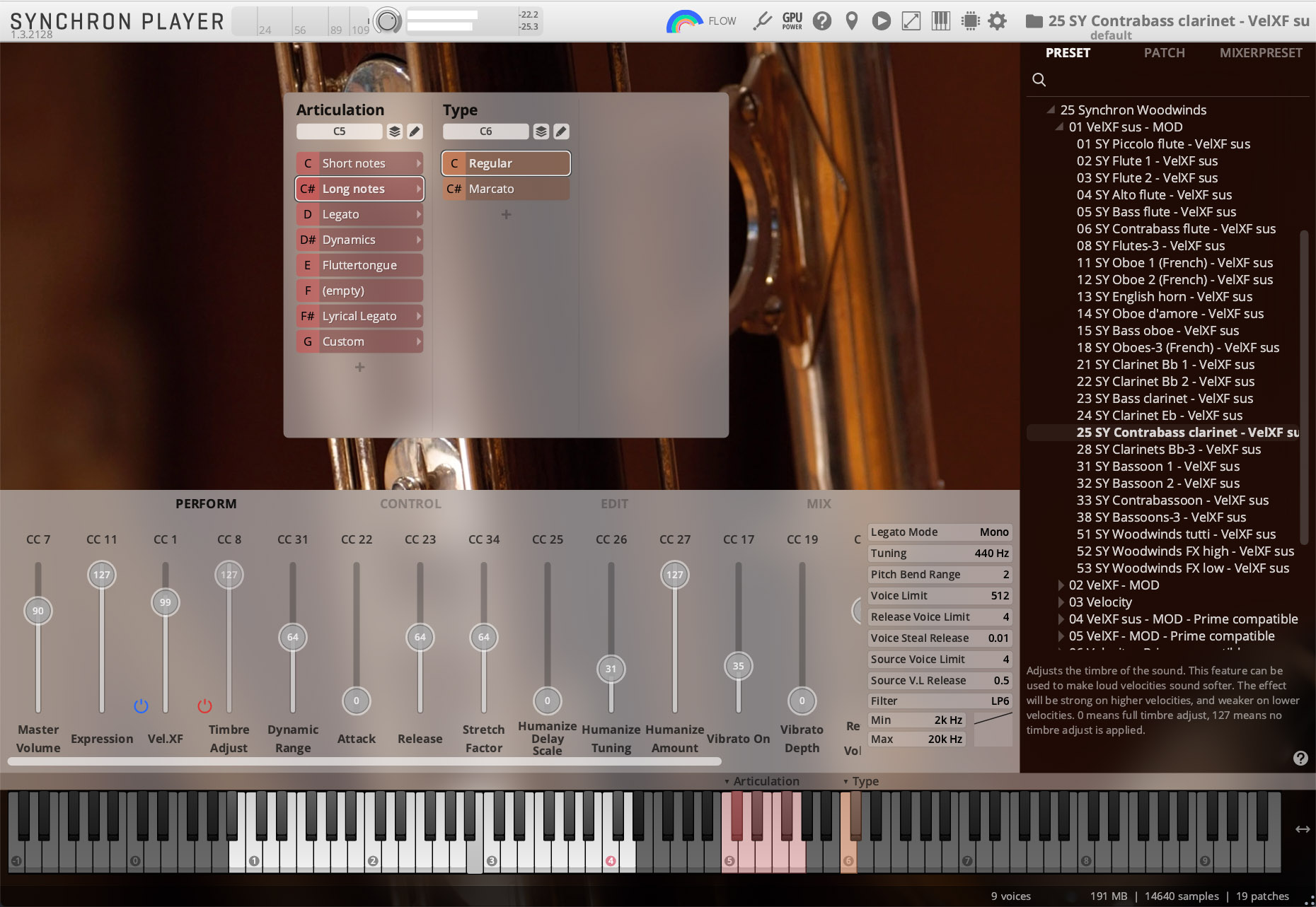 Synchron Player software interface displaying articulation and type options, performance controls like master volume, dynamics, and expressive settings, alongside a list of instrument presets including Contrabass clarinet - VelXF sus and a virtual keyboard.