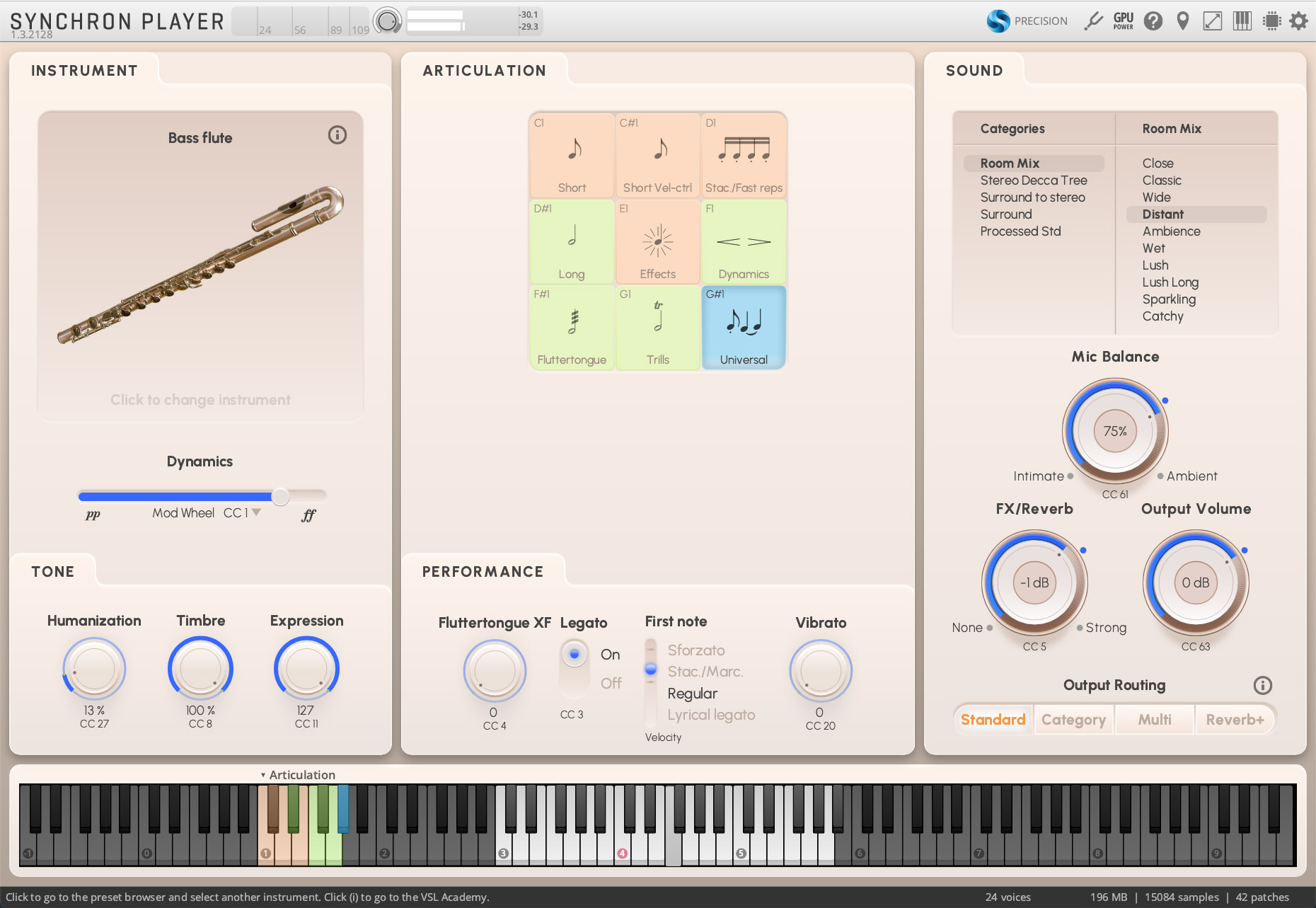 Synchron Player 1.3.2128 software interface, displaying Bass Flute instrument settings, articulation controls for short, long, and effect notes, sound module with room mix and mic balance, performance settings for fluttertongue, legato, first note, and vibrato, tone controls for humanization, timbre, and expression, along with a full keyboard at the bottom.