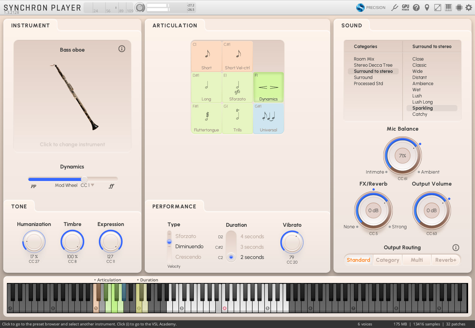 A detailed screenshot of the Synchron Player virtual instrument's user interface, displaying sections for Instrument selection showing a Bass Oboe, Articulation types like Sforzato and Flattertongue, Sound settings including Surround to Stereo and Mic Balance, Performance parameters such as Expression and Vibrato, and an interactive keyboard at the bottom.