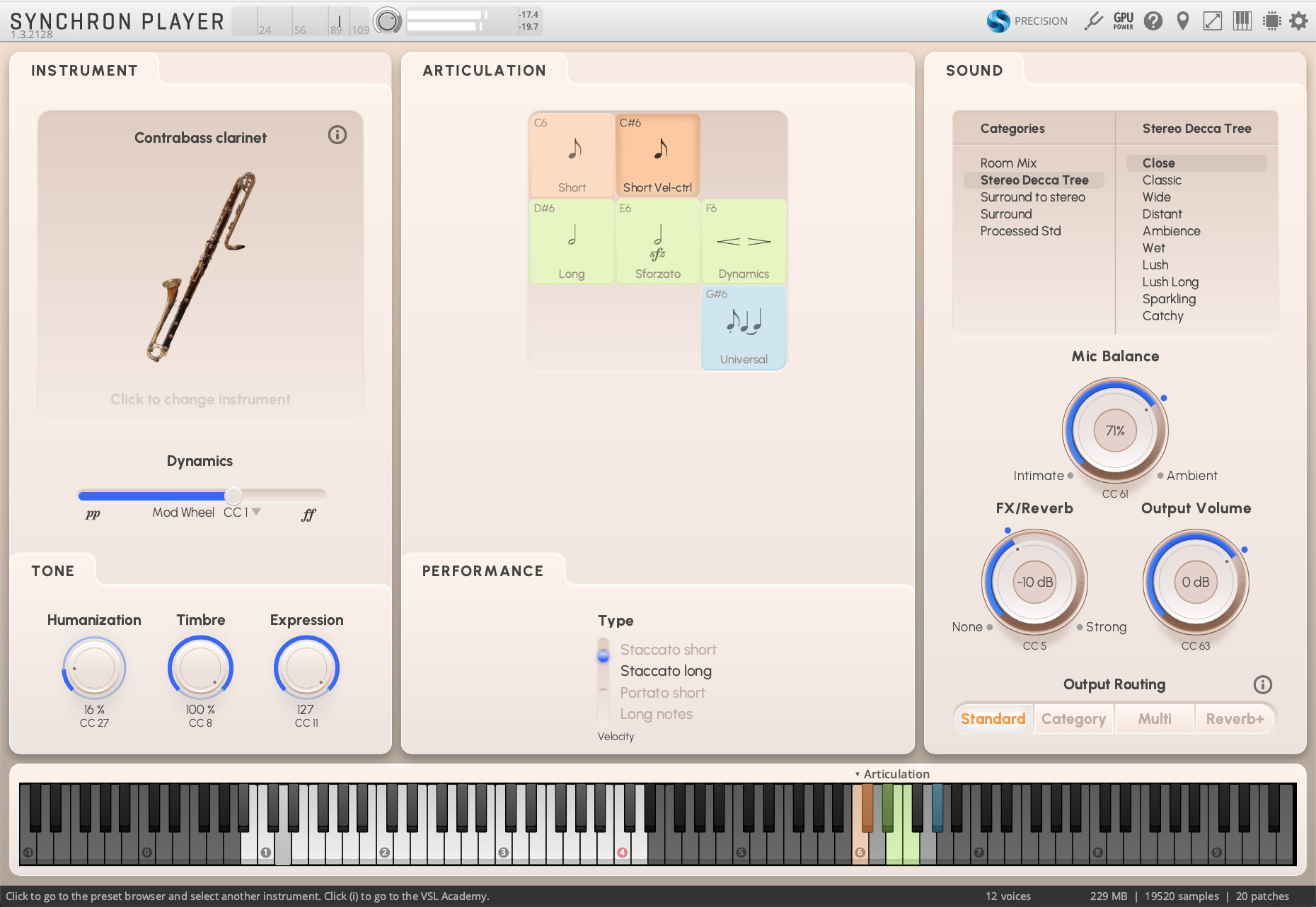 Full-screen view of the Synchron Player software interface, featuring sections for instrument selection (Contrabass clarinet with dynamics controls), articulation types, sound mixing (categories, mic balance, FX/Reverb, output volume), tone adjustments (humanization, timbre, expression), performance settings (type, velocity), and a virtual piano keyboard at the bottom.