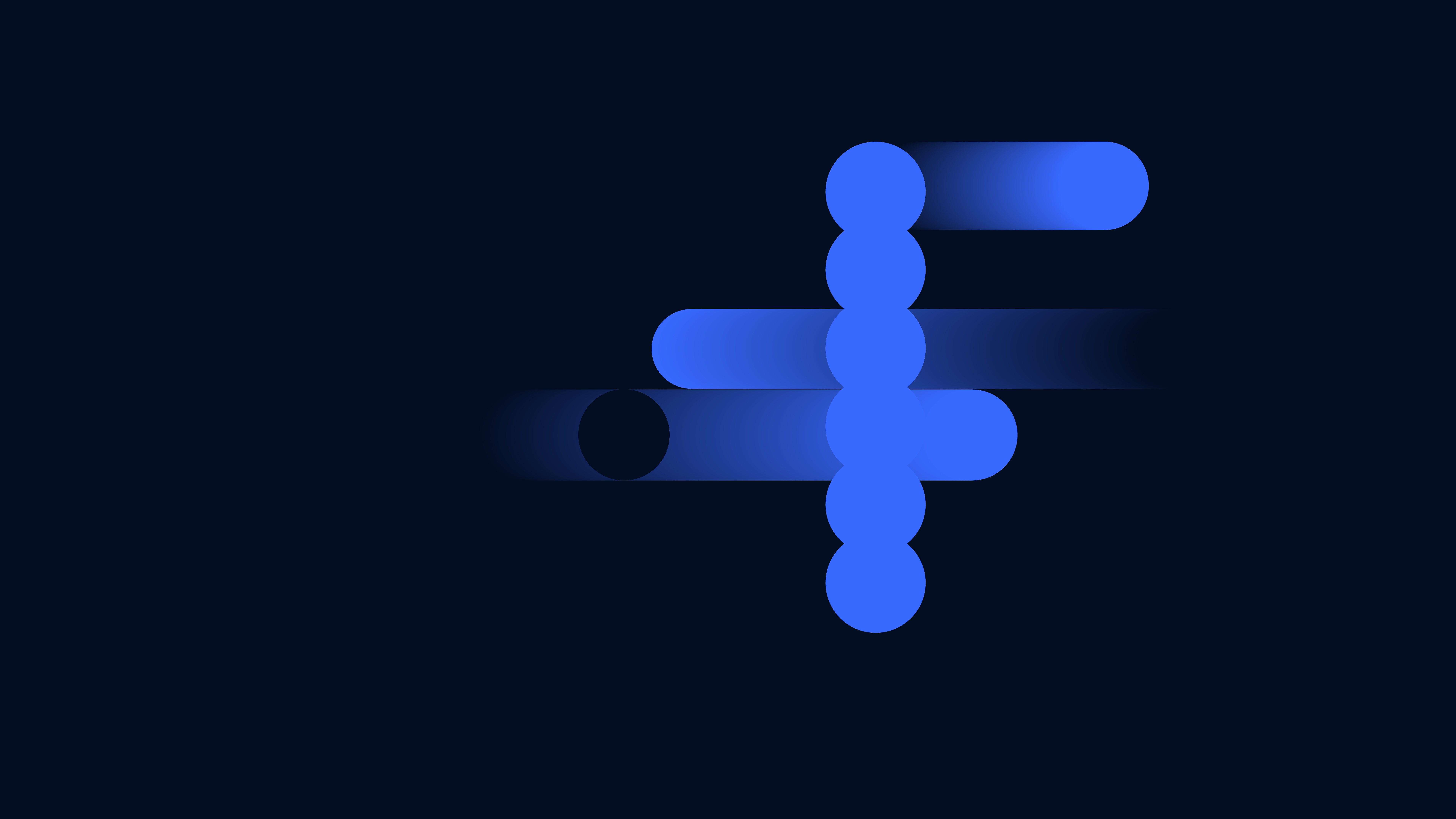 Abstract geometric shapes, blue circles and rounded rectangles, moving left to right against a dark blue background, suggesting sound waves or musical rhythm.