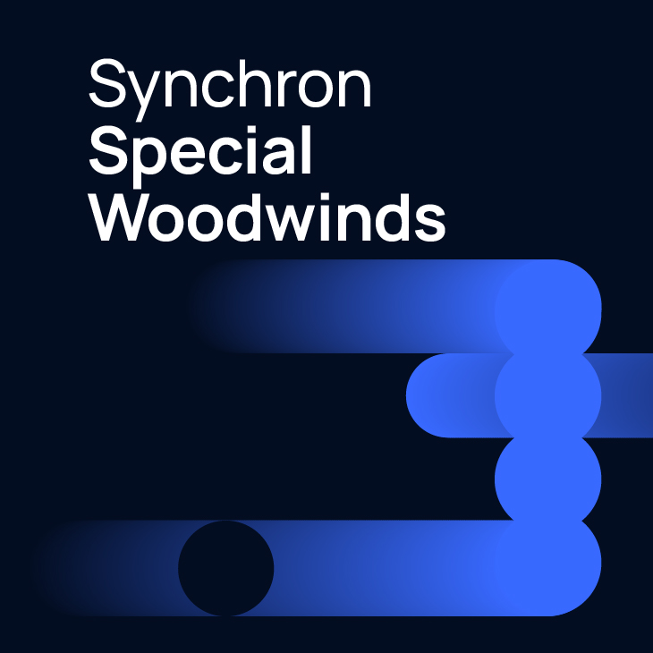Synchron Special Woodwinds logo featuring white text on a dark blue background with abstract blue and black circular shapes connected by lines.