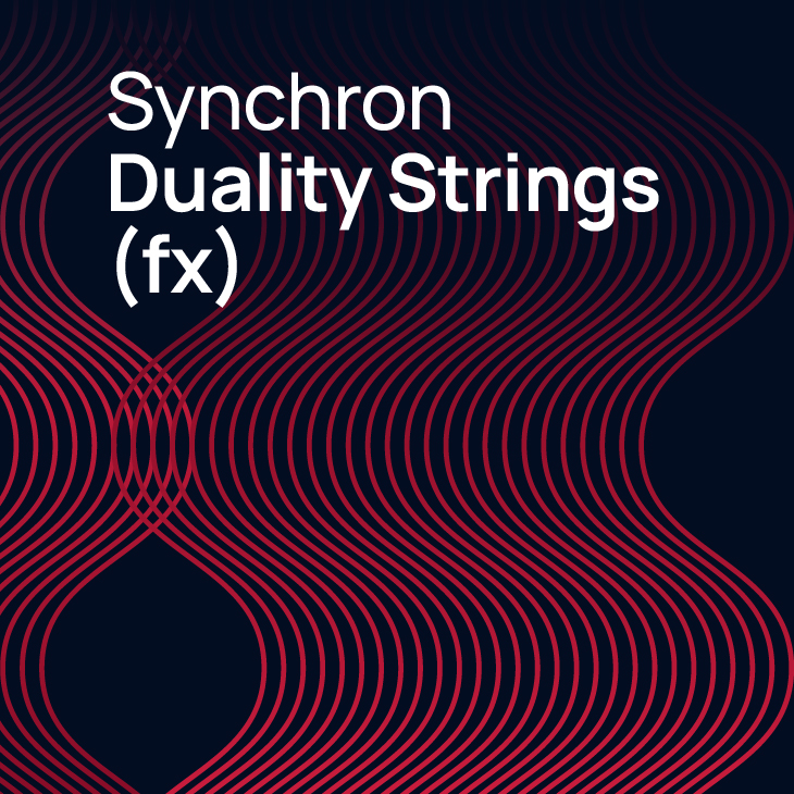 Synchron Duality Strings (FX) logo with white text on a dark background featuring red wavy lines.