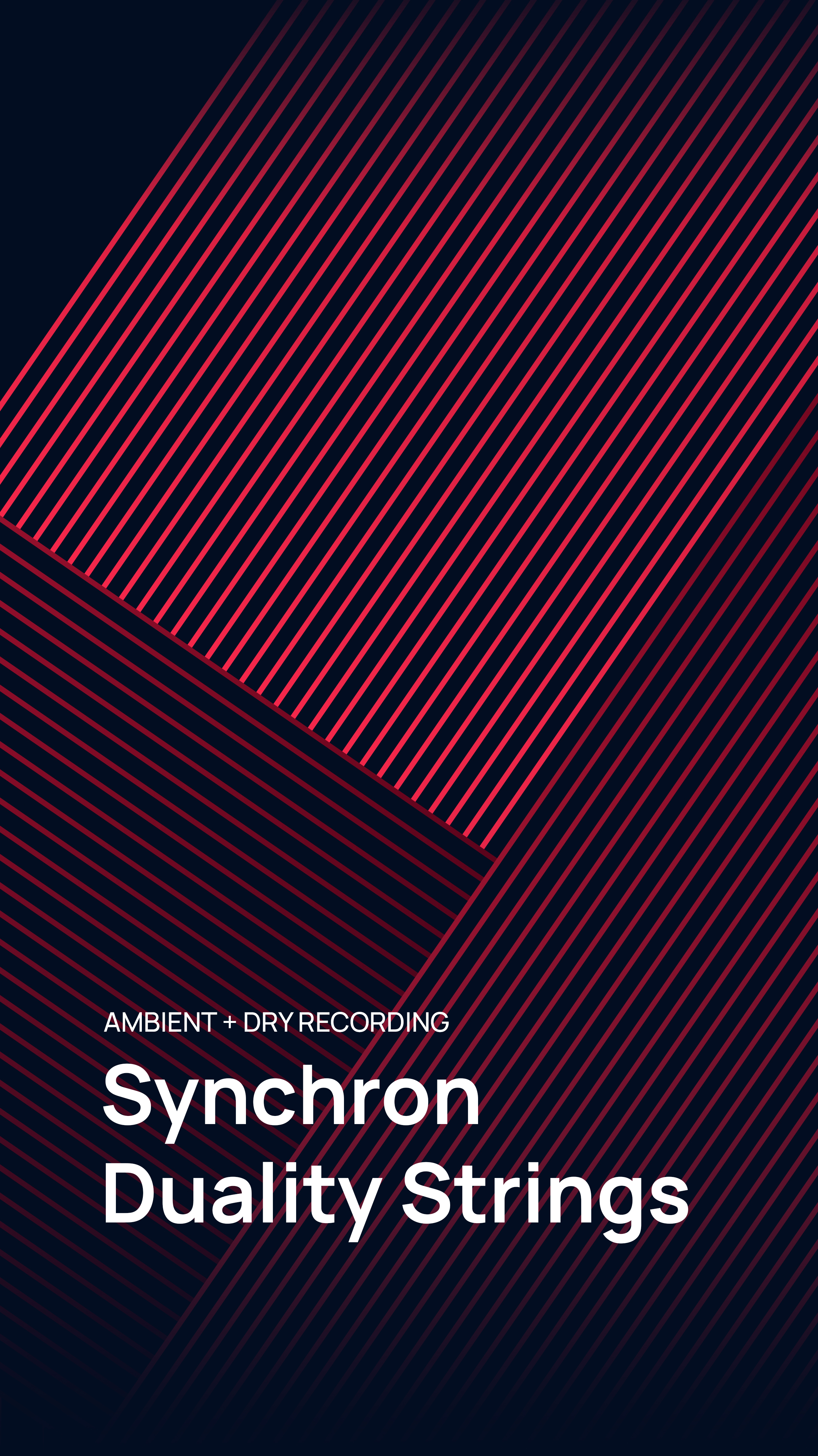 Synchron Duality Strings logo on a dark background with red diagonal lines, promoting ambient and dry recording for string samples.