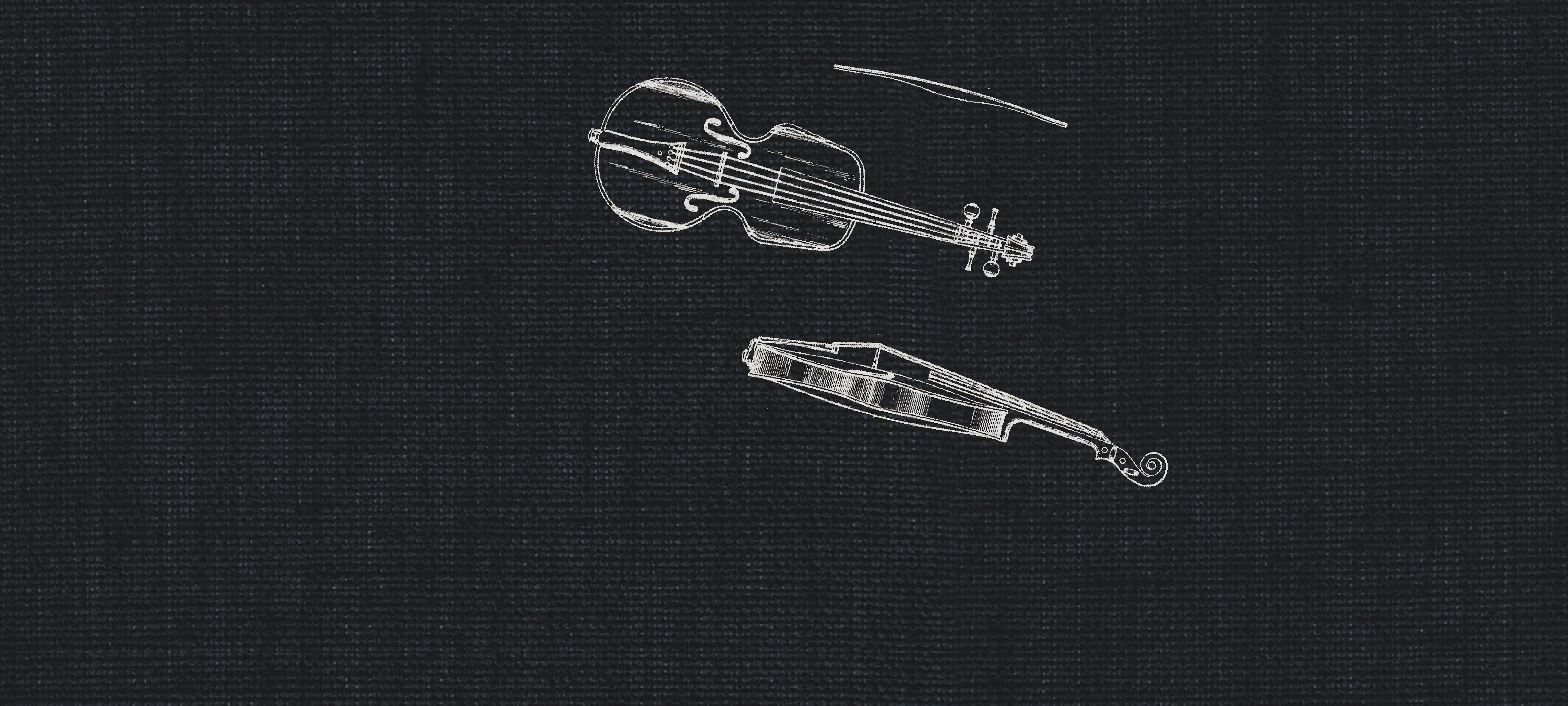 Outline drawing of two violins and a bow on a dark background, representing studio appassionata strings and dry recording