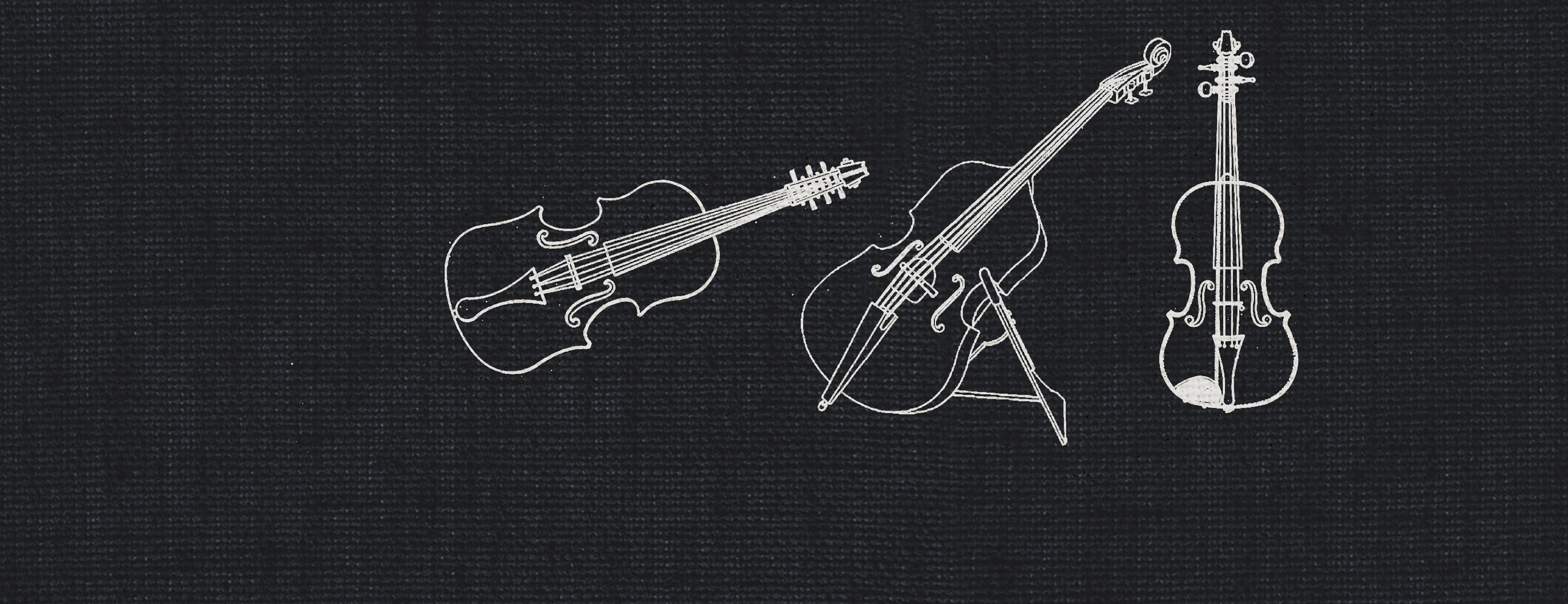 White line illustrations of an orchestra string section: a violin, a cello on a stand, and another violin, on a dark textured background.