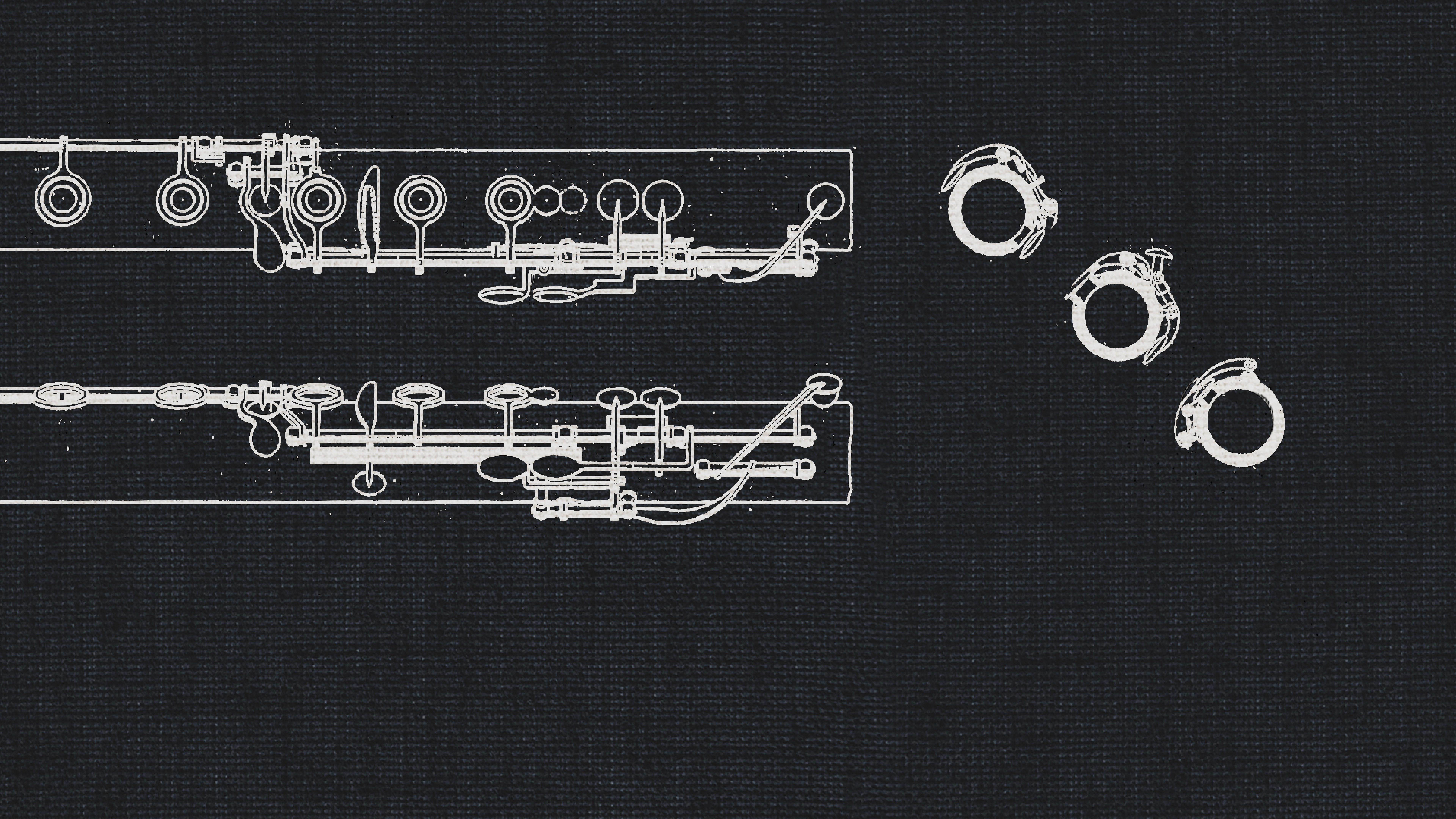 Detailed blueprint or schematic of woodwind instrument keys and mechanisms against a dark, textured background, representing a dry recording studio clarinet ensemble.