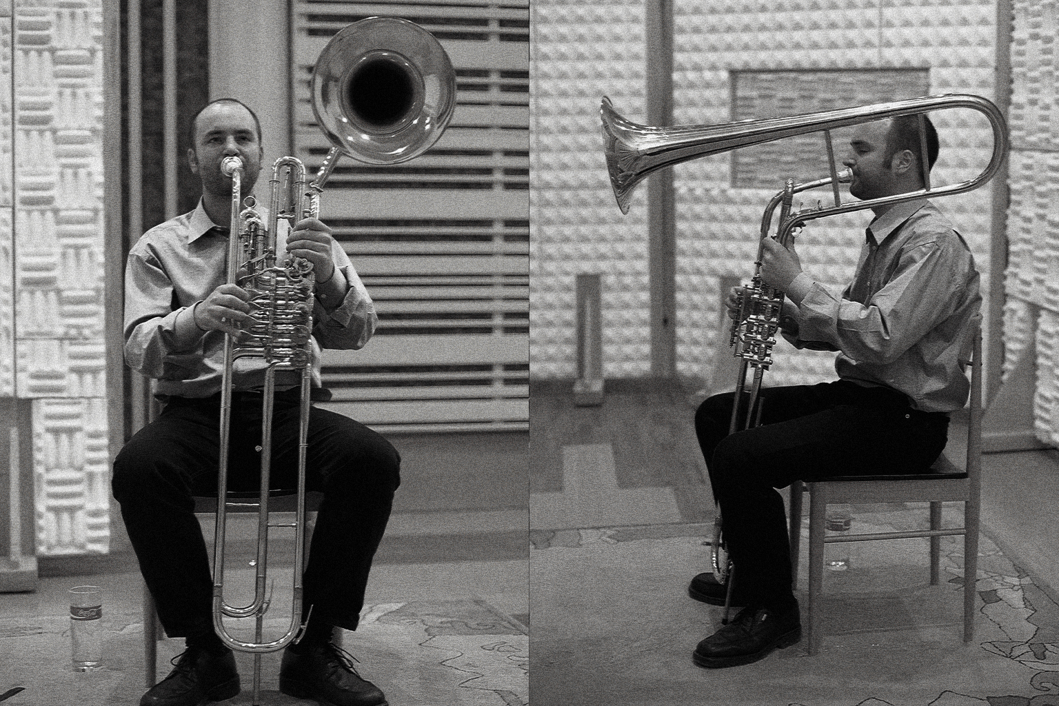 Black and white diptych showing a musician playing a tuba-like instrument with a unique, elongated, curved bell and slide. The left panel shows the musician facing forward, holding the instrument with both hands, while the right panel shows the musician in profile, blowing into the instrument's mouthpiece. Both scenes are set in a music studio with sound-dampening foam on the walls.