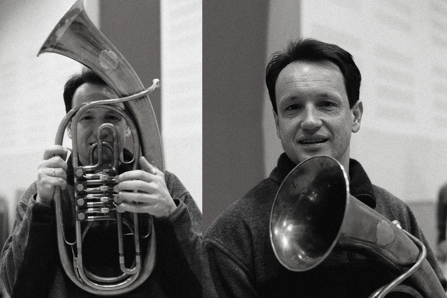 Black and white photograph of a man holding a brass horn instrument. The image is split into two halves: on the left, the man is partially obscured by the instrument as he holds it up, and on the right, he is smiling at the camera while holding the instrument lower.