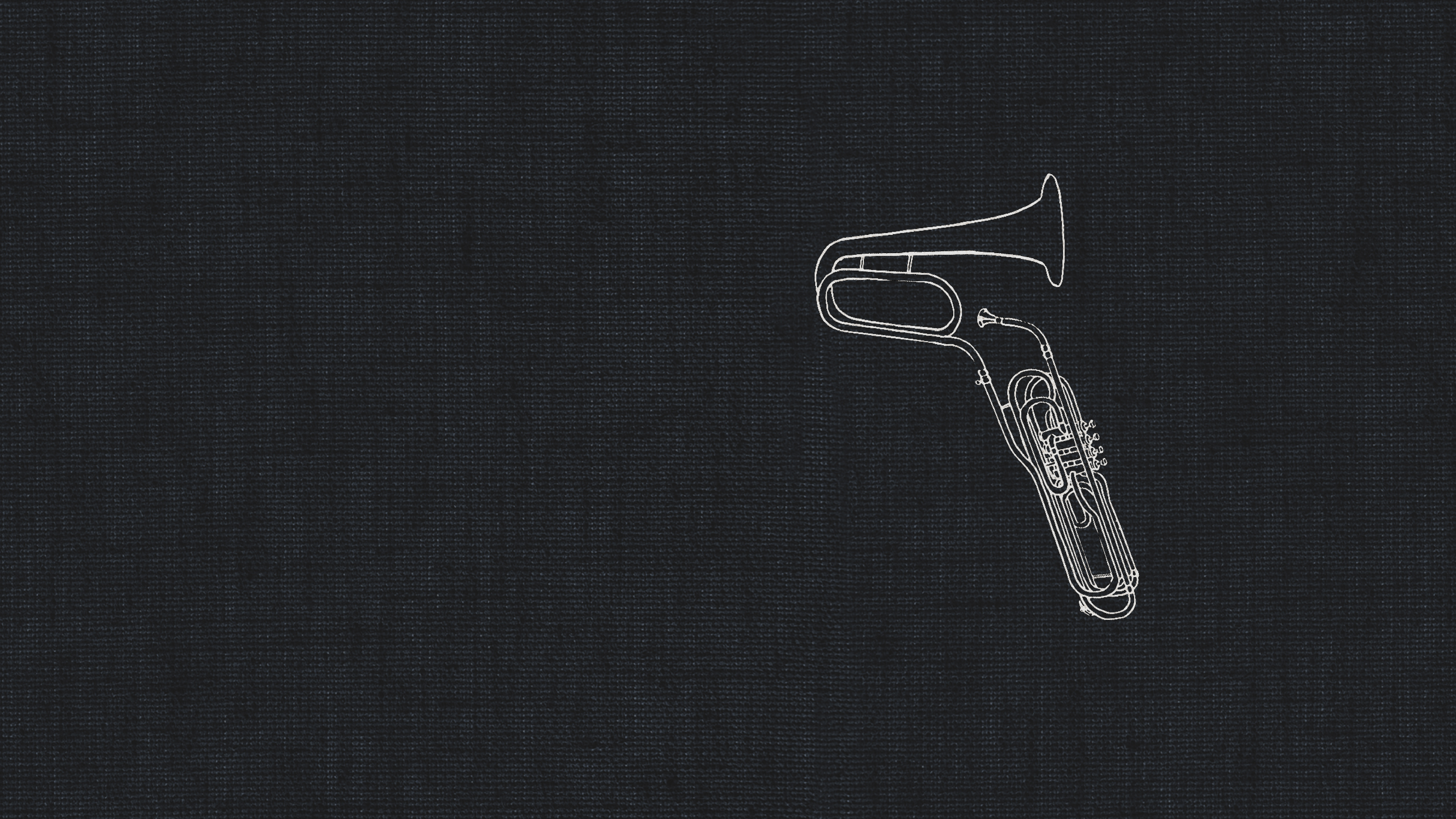 Line drawing illustration of a cimbasso brass instrument, resembling a contrabass trombone, on a dark textured background.