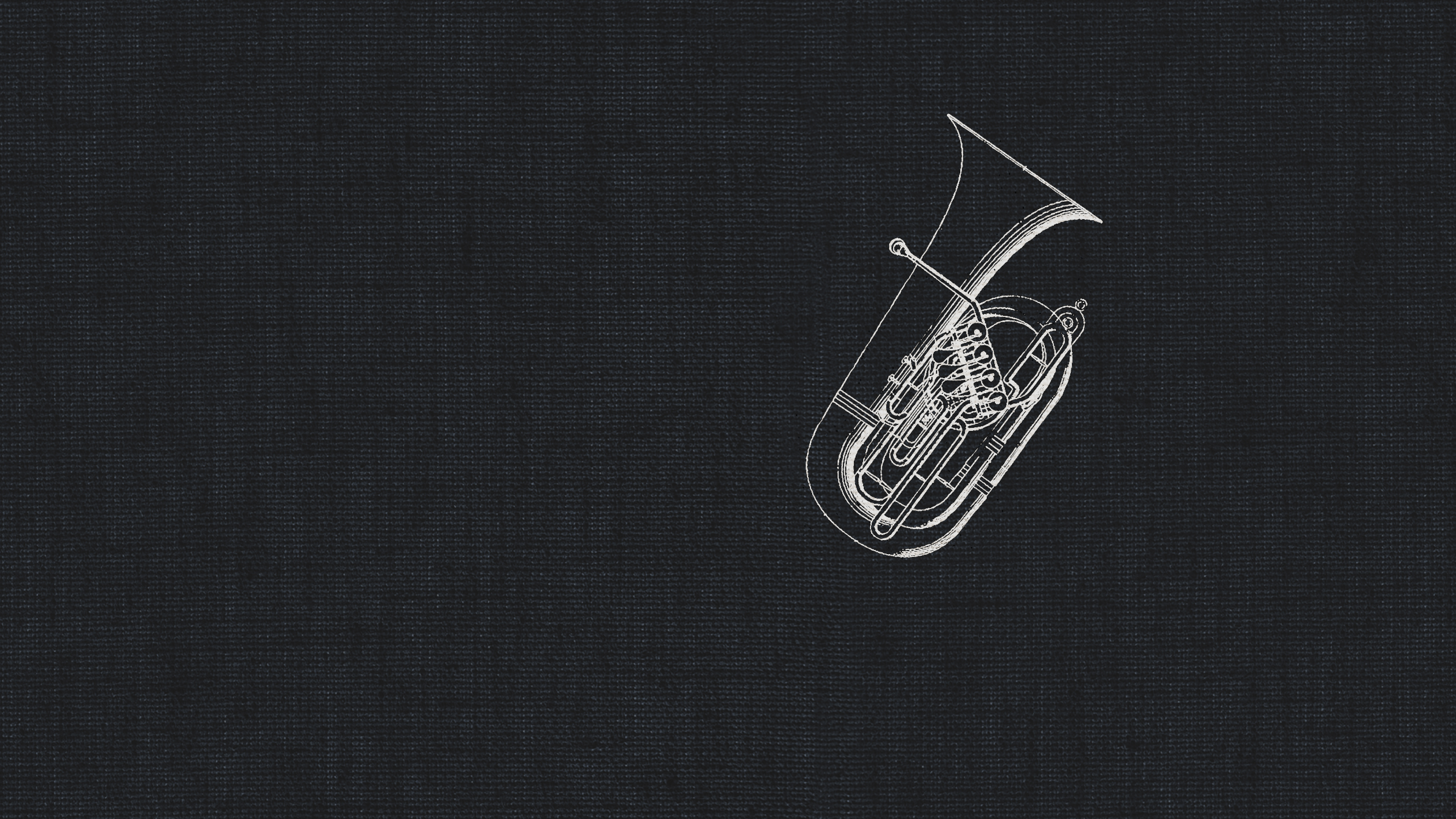 White outline sketch of a contrabass tuba on a dark gray, textured background, representing a dry recording studio instrument.