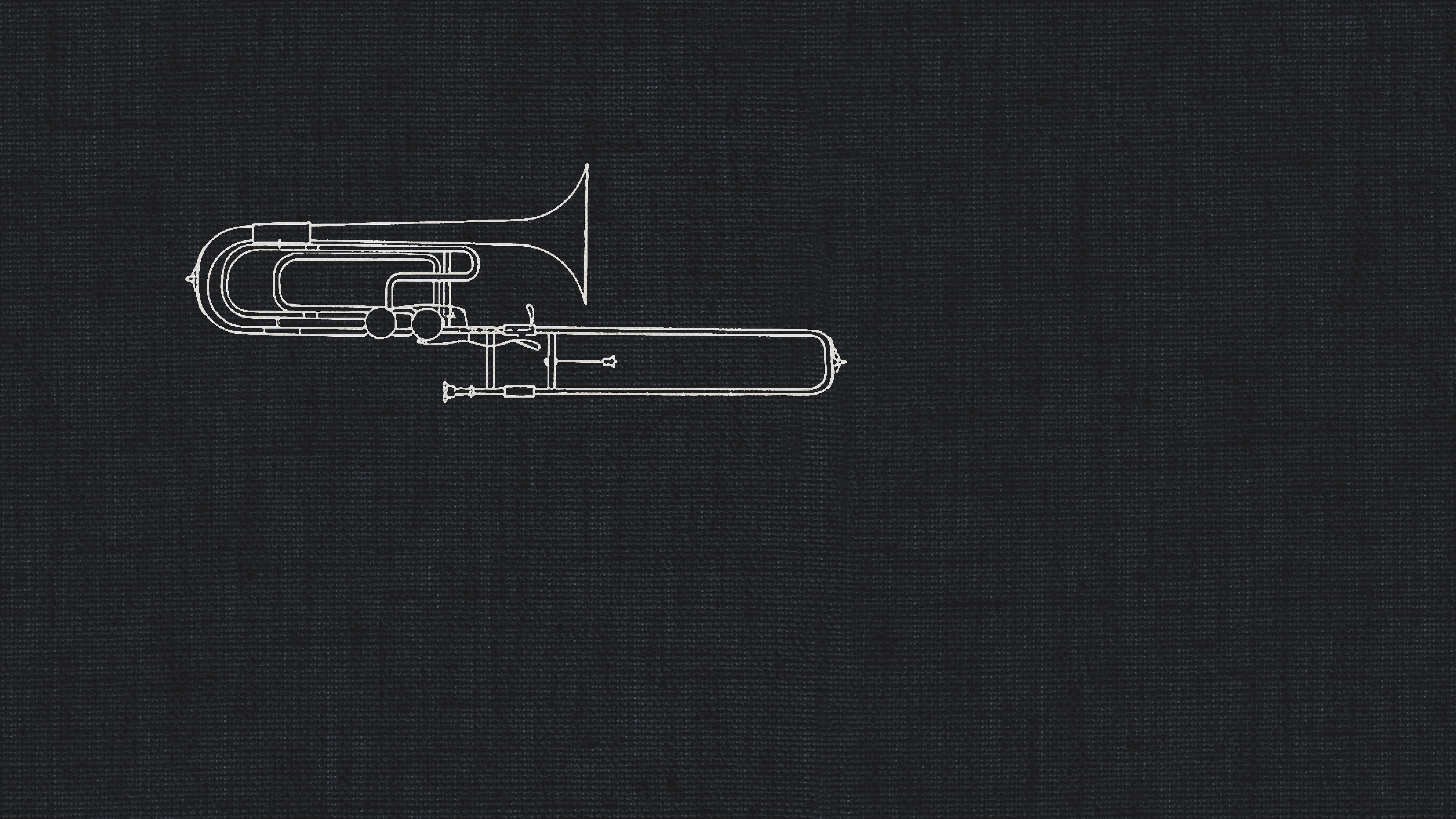 White wireframe line art drawing of a contrabass trombone on a dark gray textured background, symbolizing a studio instrument.