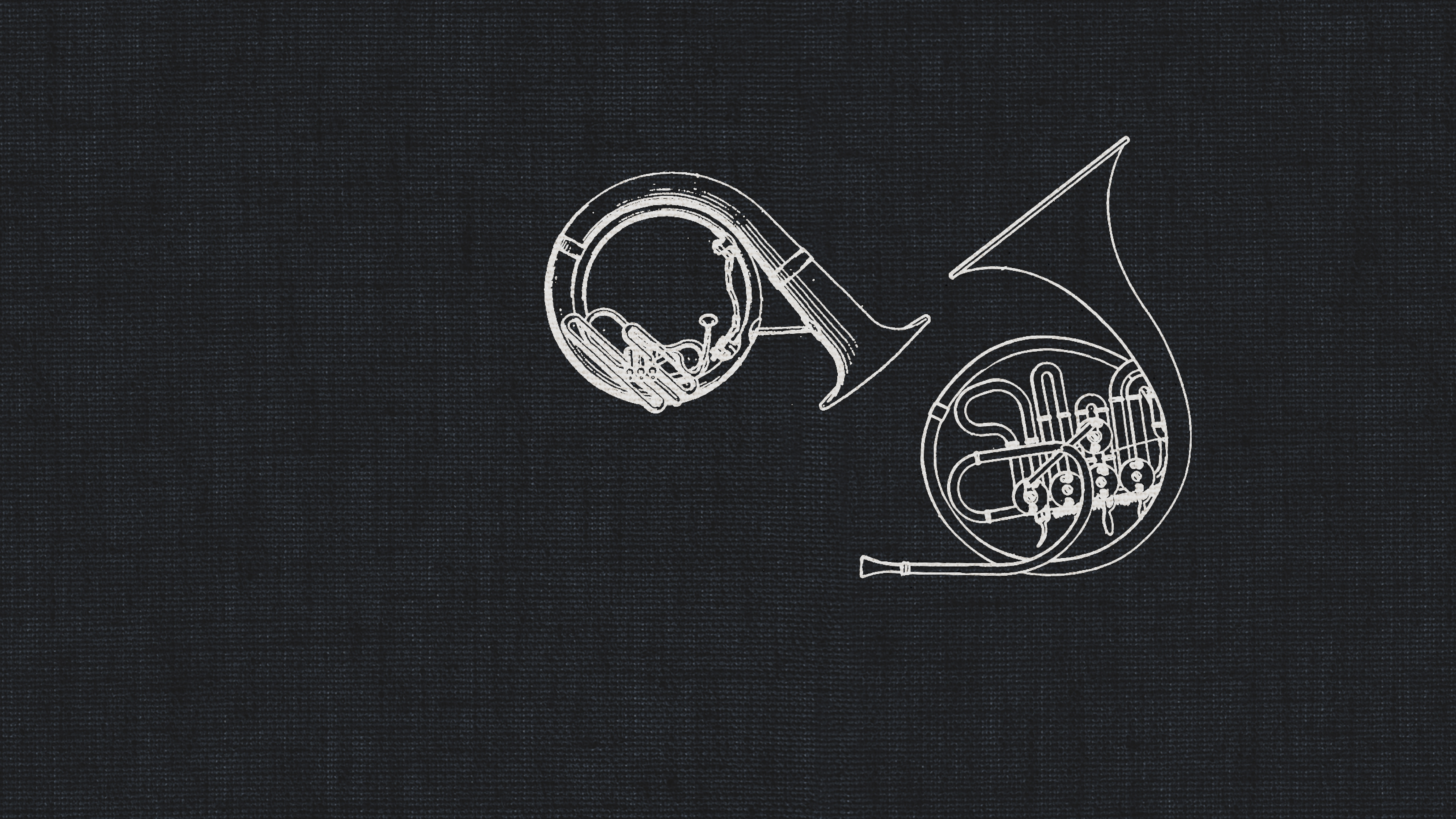 Line drawing illustration of two French horns on a dark woven background, representing dry recording studio epic horn sounds.