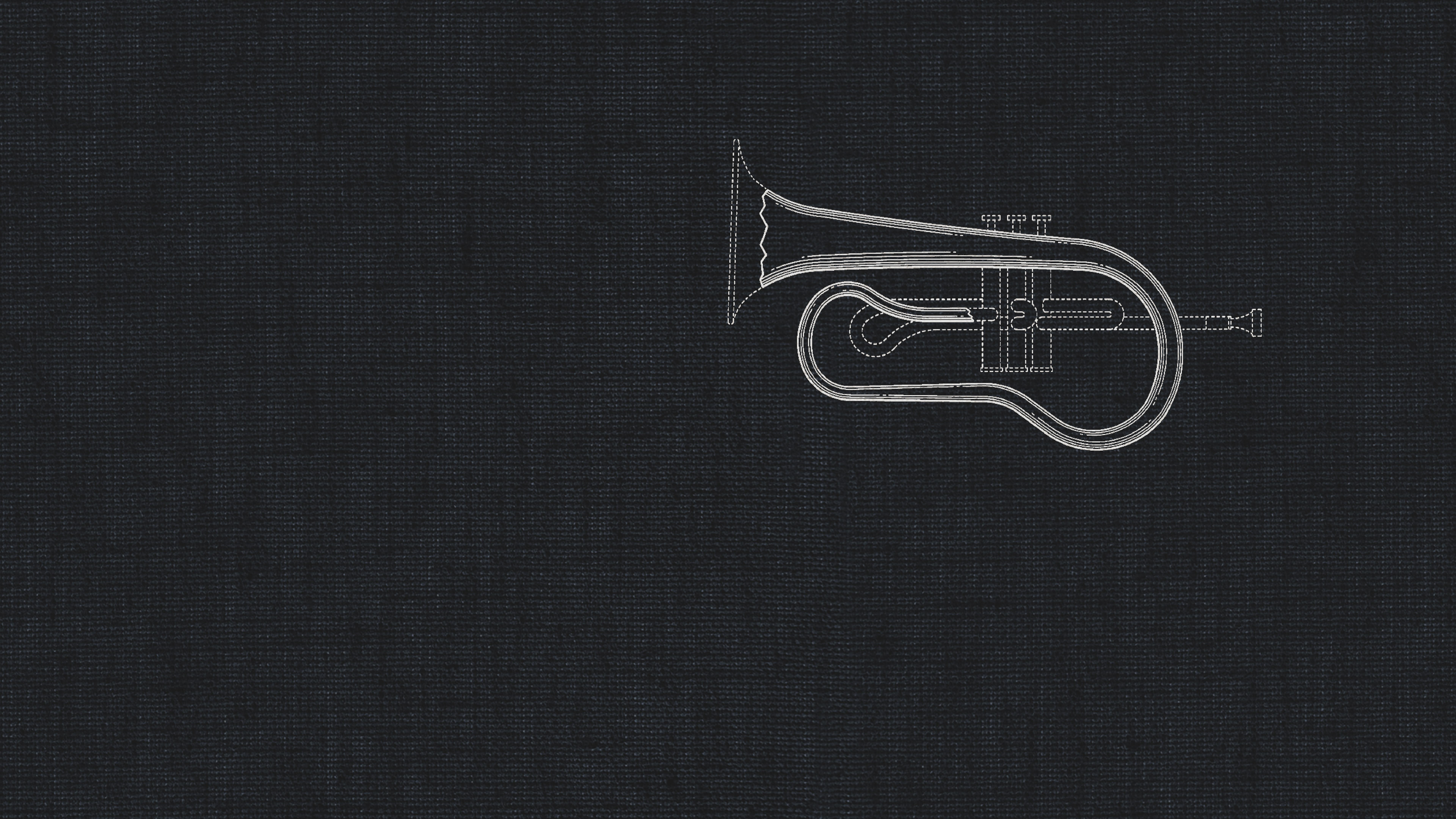 Line art illustration of a flugelhorn musical instrument on a dark background.