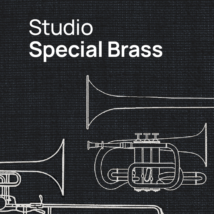 Studio Special Brass text with white line drawings of brass musical instruments including a trumpet and trombone on a dark textured background.