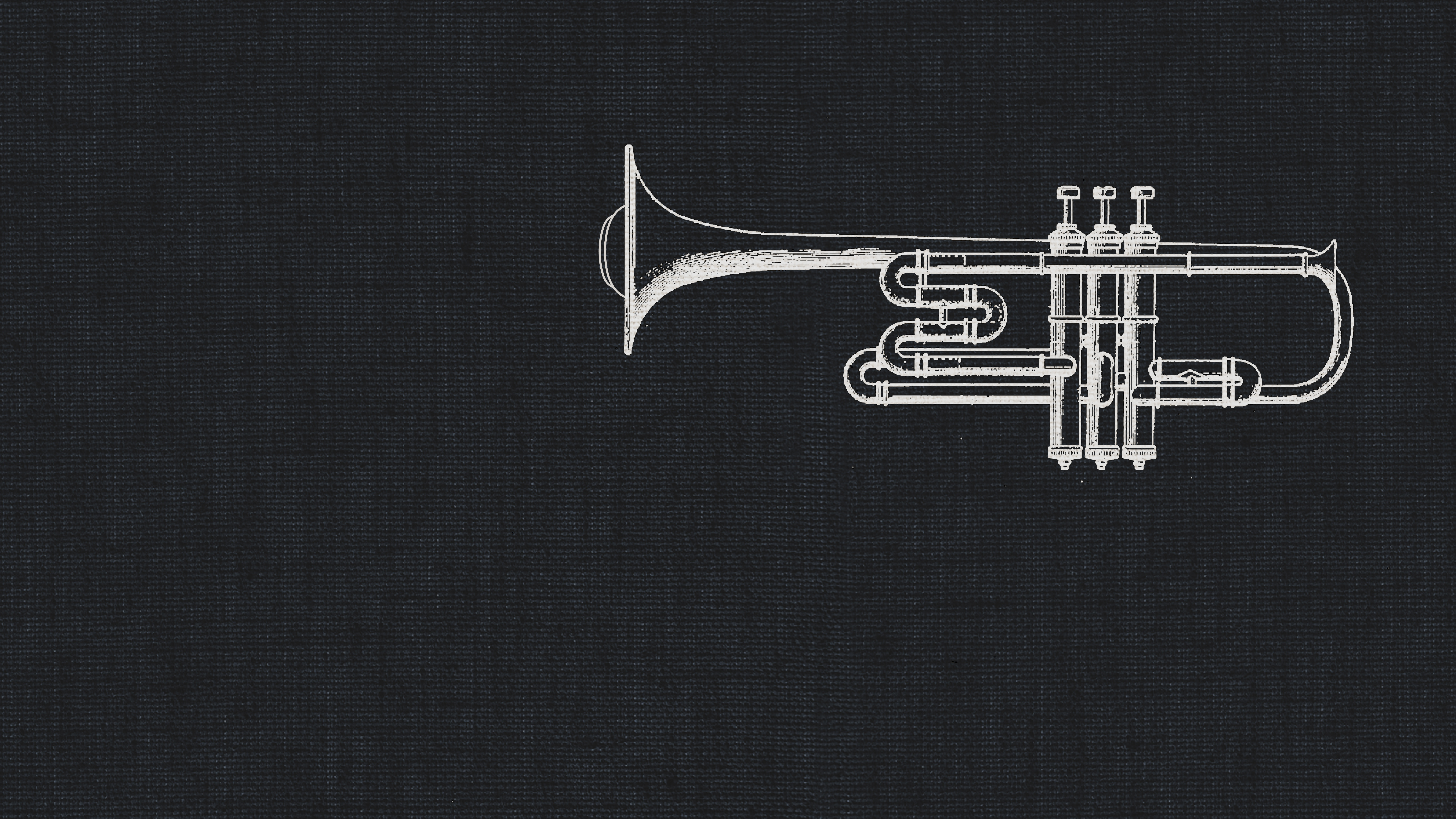 White outline illustration of a muted C trumpet on a dark gray textured background.