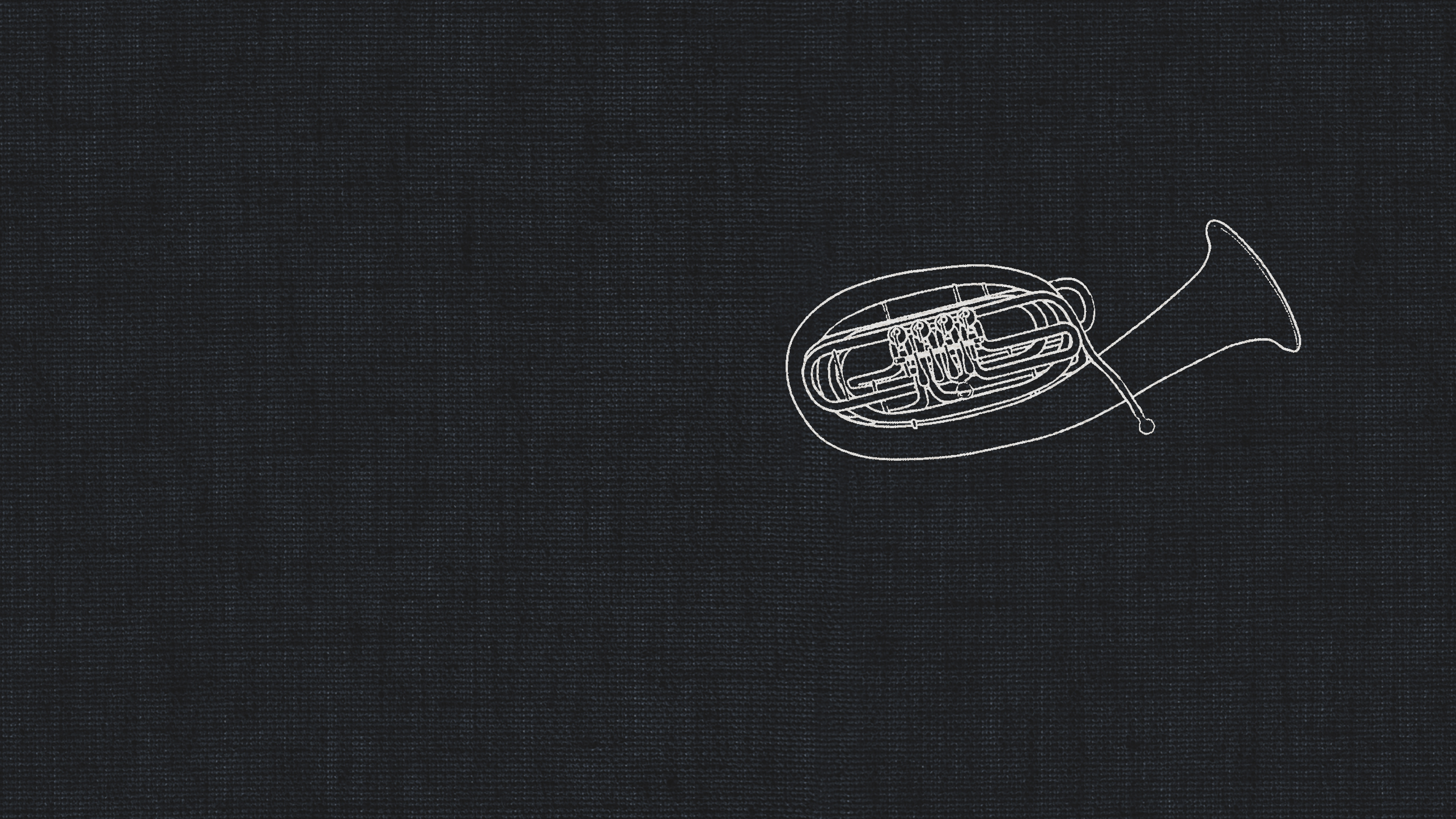 White outline drawing of a Wagner Tuba on a dark textured background, representing a dry recording studio sound.