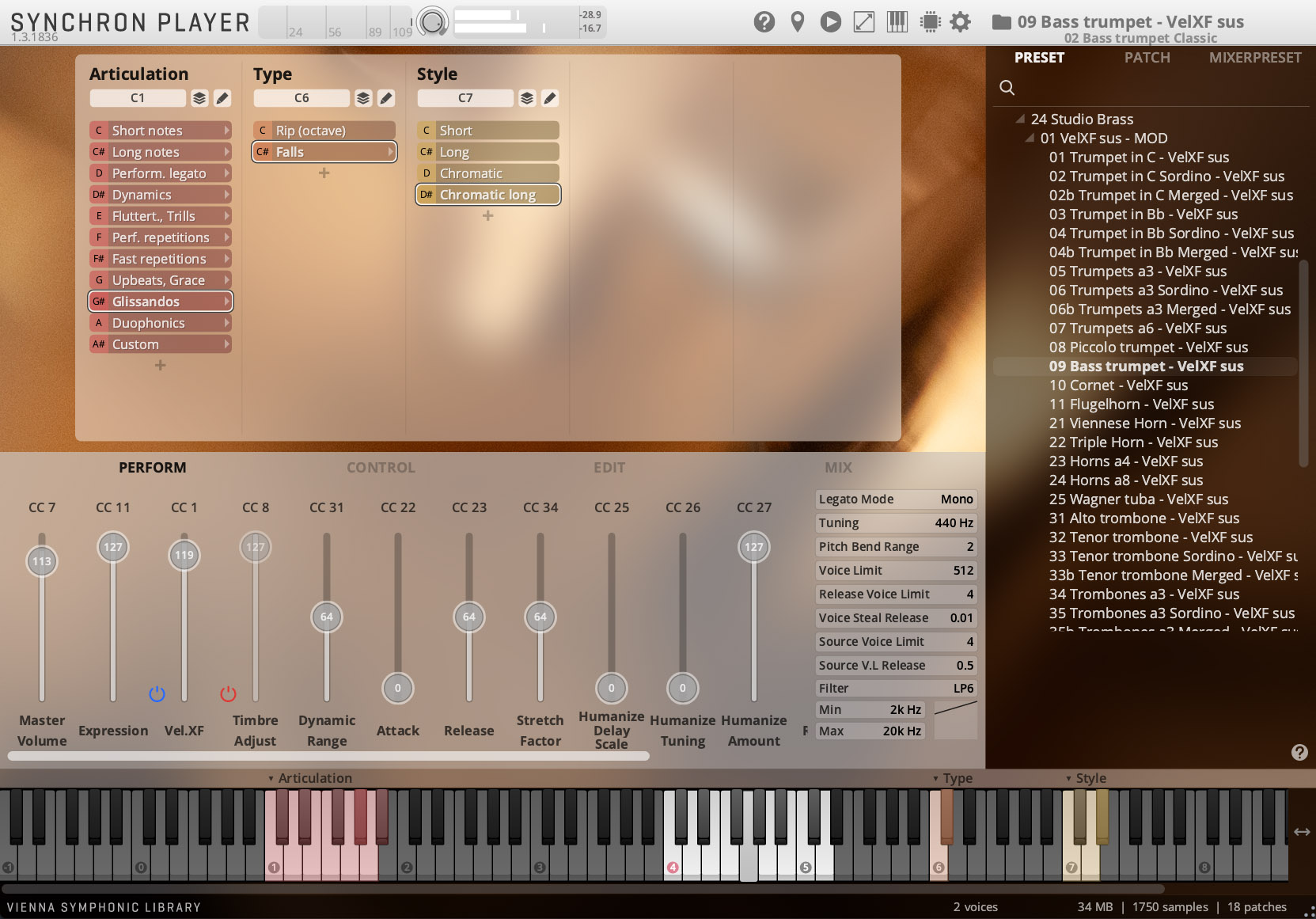 A screenshot of the Synchron Player software interface showing sound articulation, type, style, and mix controls for 09 Bass trumpet - VelXF instrument with a virtual keyboard at the bottom.