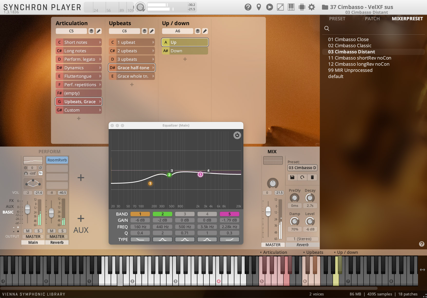 Screenshot of Synchron Player software by Vienna Symphonic Library, displaying articulation, upbeats, and up/down MIDI key assignments alongside an active equalizer, mix controls, and instrument preset selection for 03 Cimbasso Distant.
