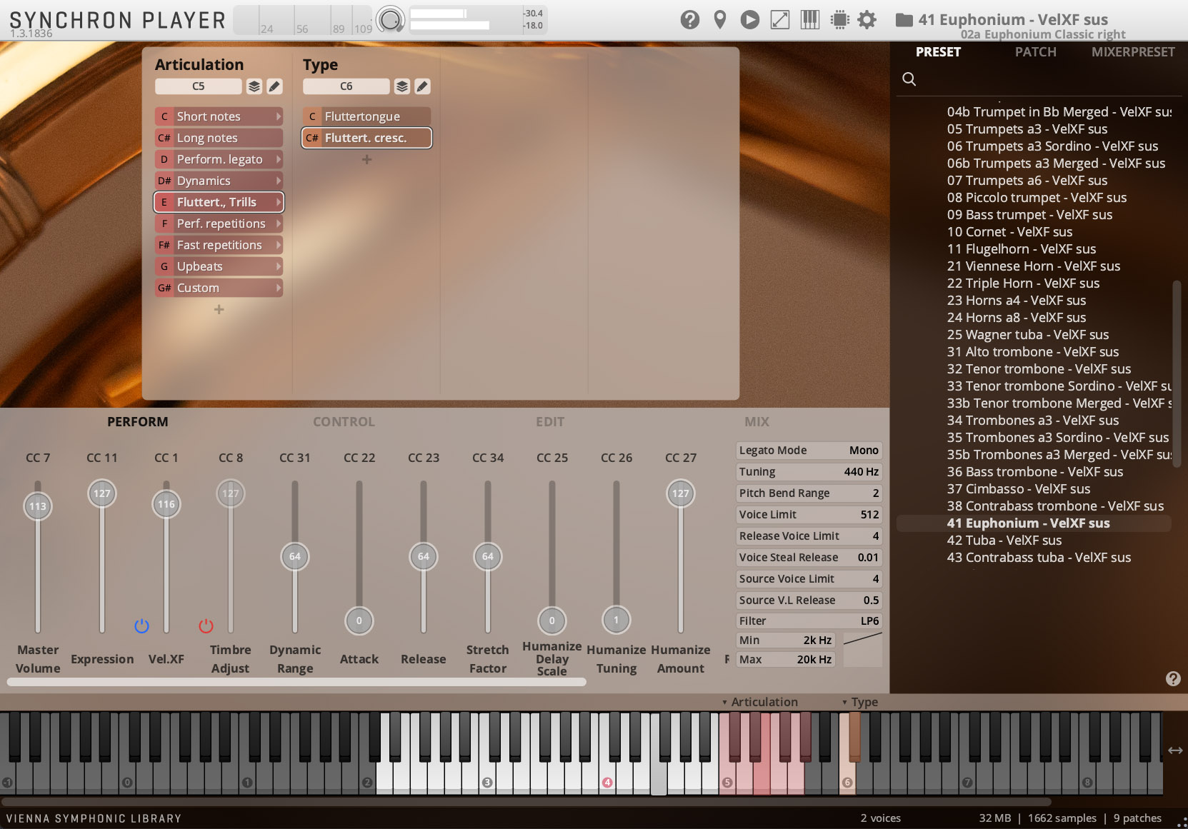 Screenshot of the SYNCHRON PLAYER software interface for music production, displaying articulation, performance, control, edit, and mix parameters for an Euphonium - VelXF sus instrument preset.