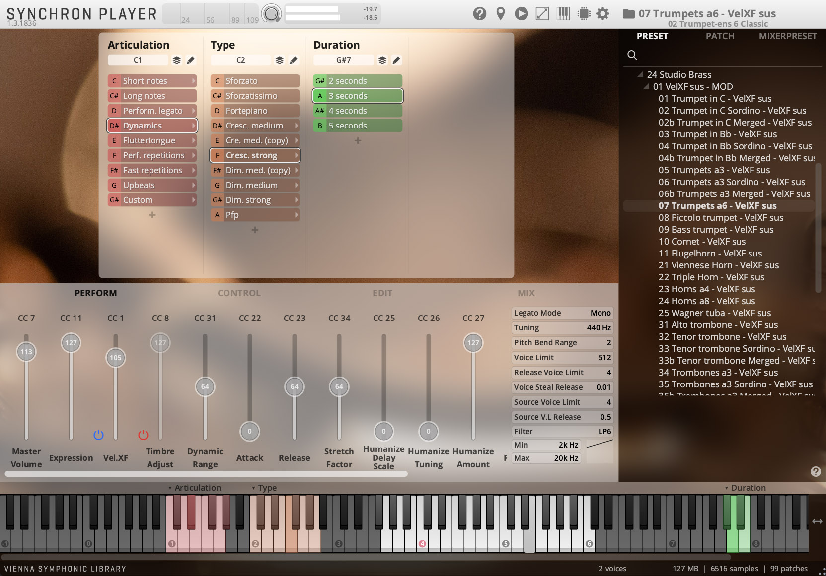 Vienna Symphonic Library Synchron Player software interface showing instrument articulation, type, duration, perform, control, edit, mix, and library presets for trumpets and trombones.