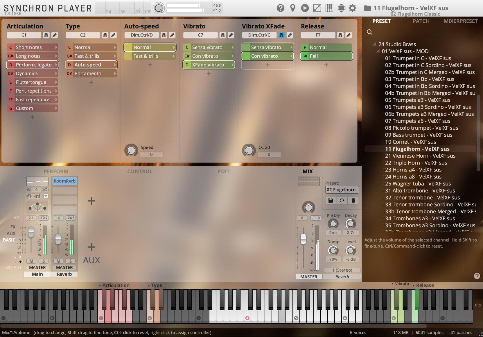 Synchron Player software interface showing instrument controls, effects mixer, virtual keyboard, and a preset list with 11 Flugelhorn - VelXF sus highlighted.