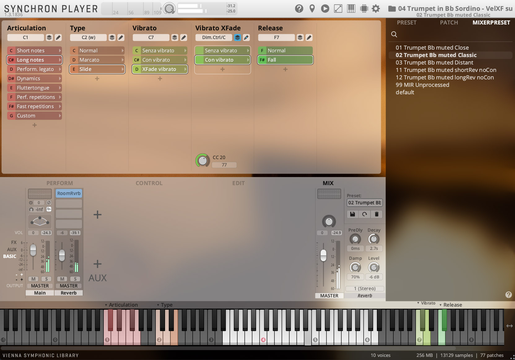 A screenshot of the SYNCHRON PLAYER software interface, displaying various controls for articulation, type, vibrato, and release. The 02 Trumpet Bb muted Classic preset is highlighted in the patch list.