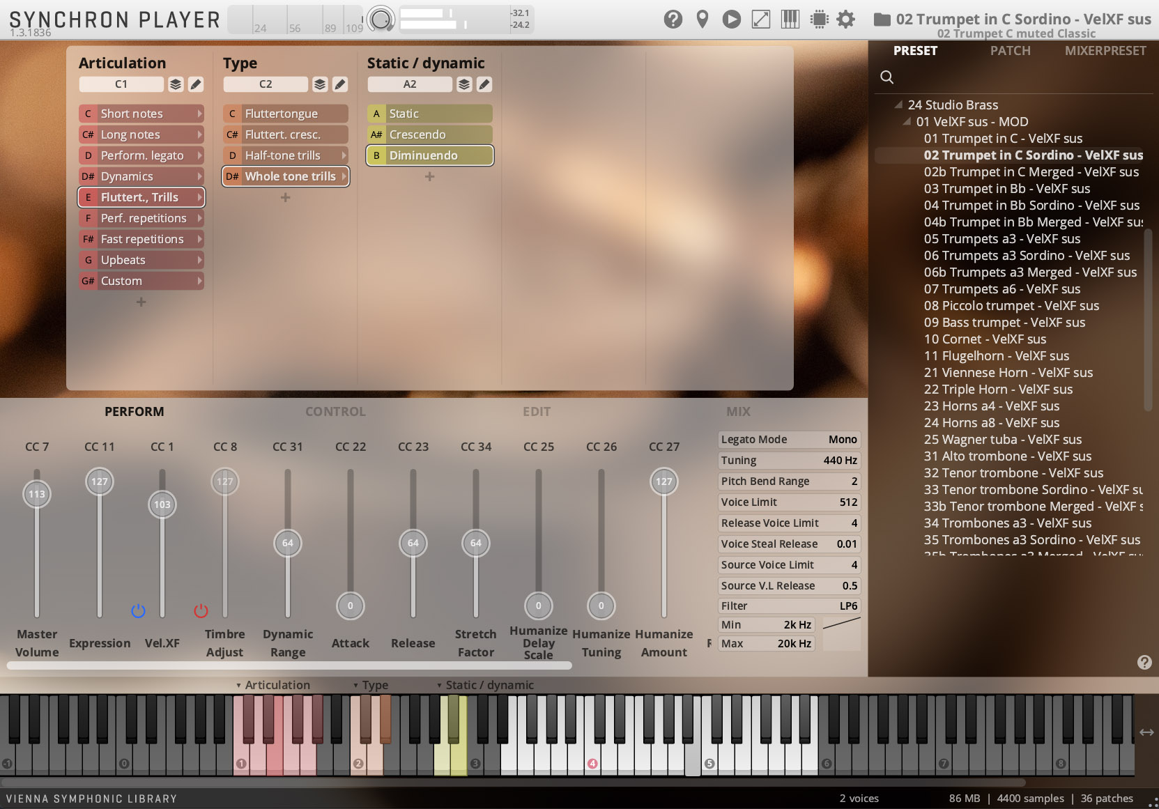 Synchron Player virtual instrument software interface displaying articulation, type, static/dynamic controls, performance parameters, and a selection of trumpet presets, including 02 Trumpet in C Sordino - VelXF sus from the Vienna Symphonic Library.