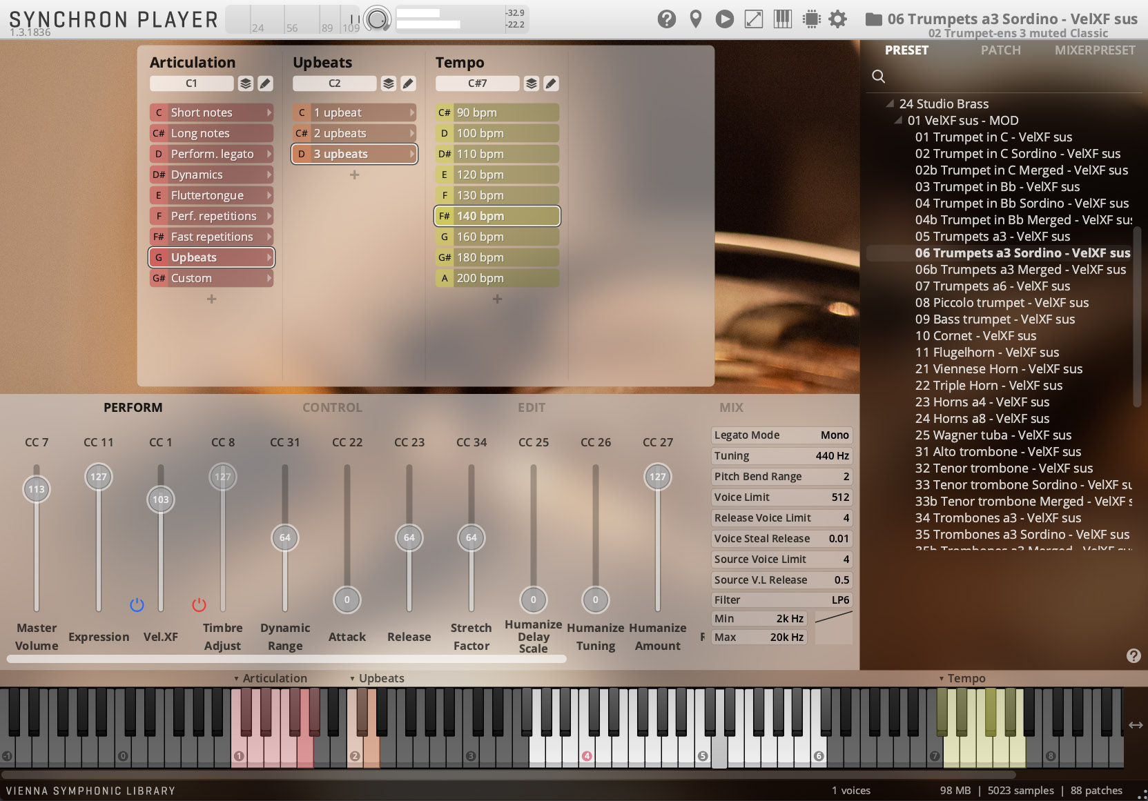 Screenshot of the Vienna Symphonic Library Synchron Player software interface, displaying articulation, upbeats, and tempo settings, with a trumpet preset selected and virtual keyboard shown at the bottom.
