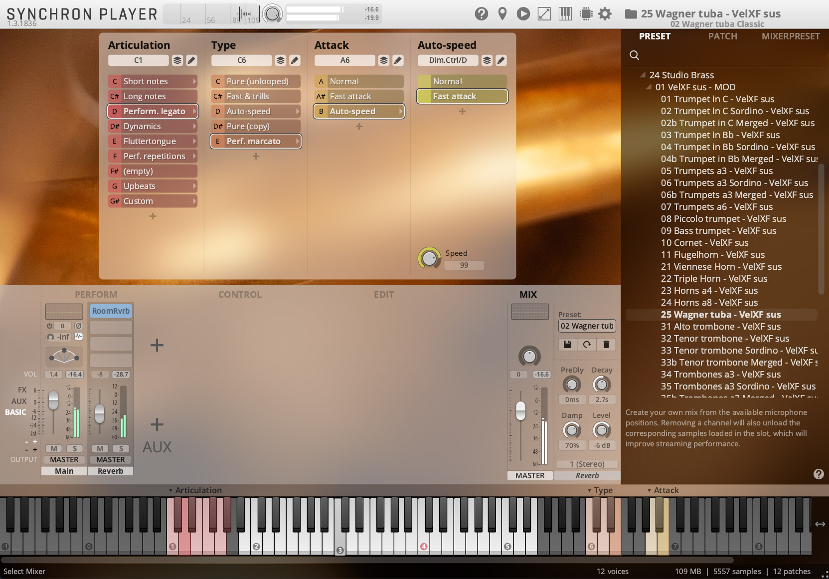 A screenshot of the Synchron Player software interface, showing detailed controls for Articulation, Type, Attack, Auto-speed, Perform, Control, Edit, and Mix sections, along with a list of instrument presets with Wagner tuba VelXF sus highlighted, and a virtual keyboard at the bottom.