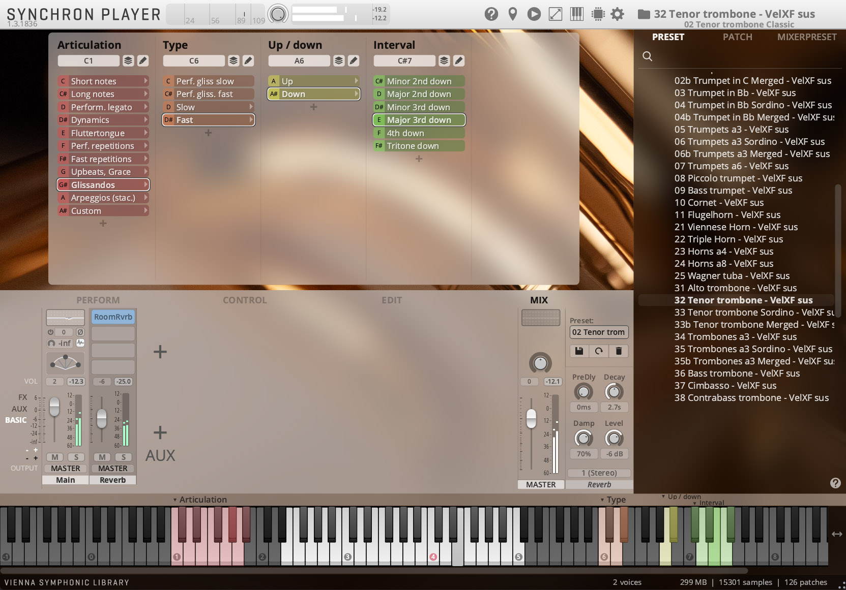 A screenshot of the SYNCHRON PLAYER software, displaying various options for instrument articulation, type, interval, and mixer settings for virtual orchestra sounds.