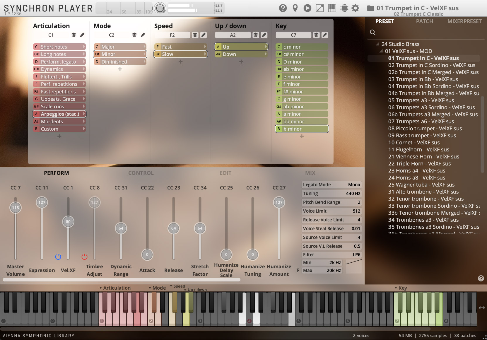 SYNCHRON PLAYER software interface displaying articulation, mode, speed, and key settings, with options for Trumpet in C - VelXF sus instrument selection.