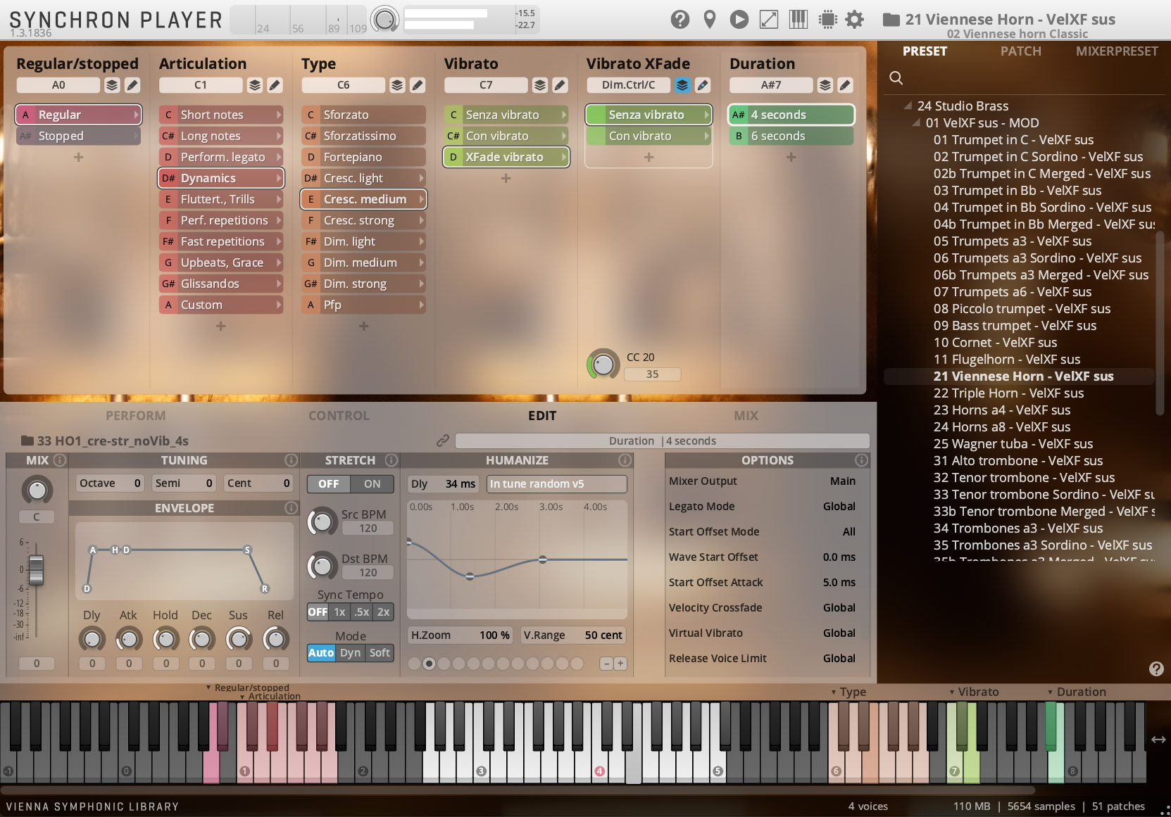 Screenshot of the Vienna Symphonic Library Synchron Player software interface, displaying various controls for sound parameters like Regular/stopped, Articulation, Type, Vibrato, Vibrato XFade, and Duration. The right panel lists instrument presets, with 21 Viennese Horn - VelXF sus highlighted.