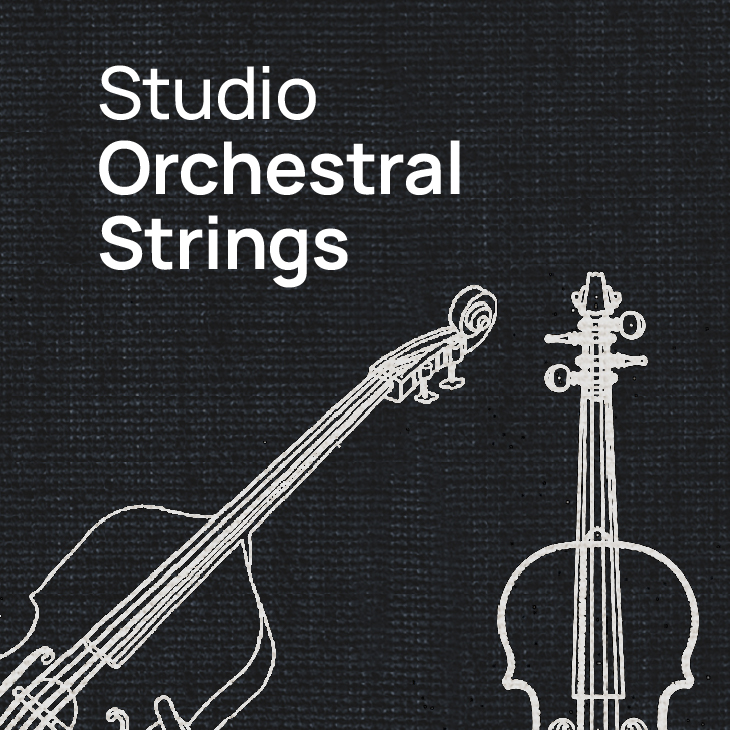 Black background with white text Studio Orchestral Strings, featuring an outline drawing of a cello or double bass and a violin or viola.