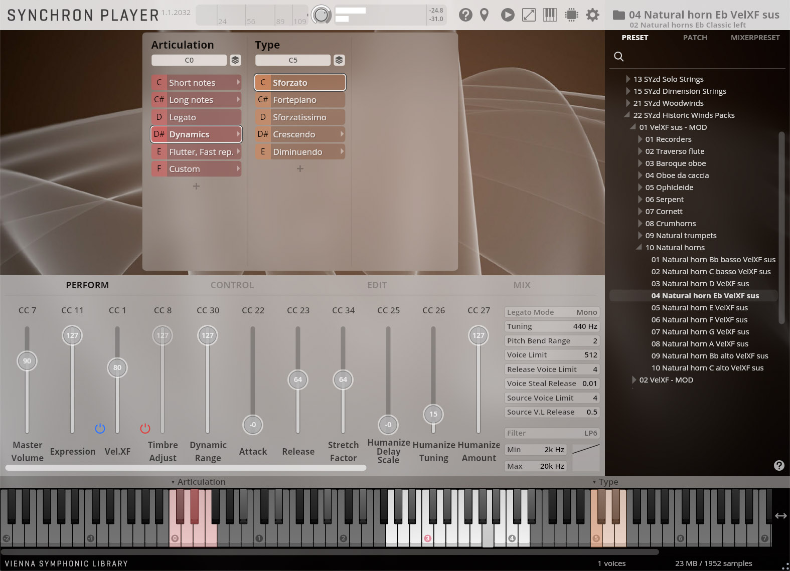 Screenshot of the Synchron Player software showing the articulation and type menus, performance controls, and instrument selection, with Natural horn Eb selected.