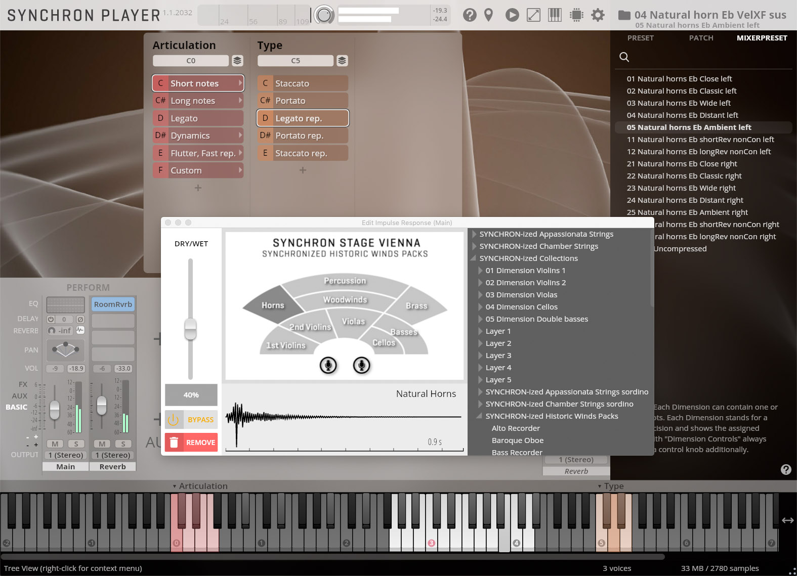 A detailed screenshot of the Synchron Player software interface, showcasing various digital audio workstation (DAW) controls, including articulation, type, performance settings, and instrument selection options, specifically highlighting Natural horns Eb Ambient left and Synchron Stage Vienna Synchronized Historic Winds Packs.