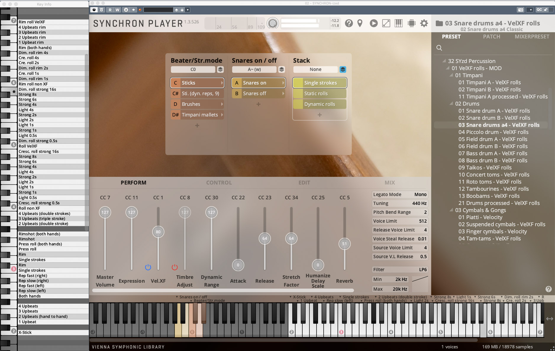Screenshot of the Vienna Symphonic Library Synchron Player software interface, showing detailed controls for drum sounds including Beater/Str.mode, Snares on/off, Stack, and various performance and mix parameters, with an extensive list of percussion presets on the right.