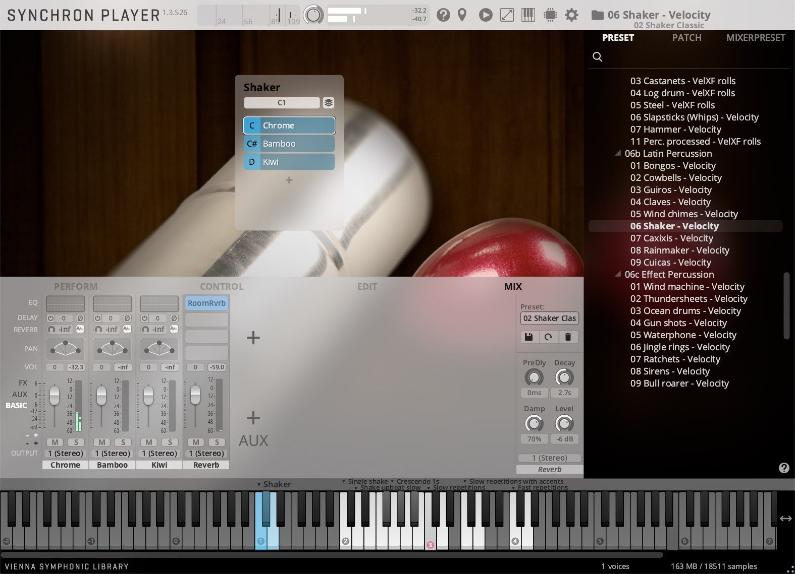 Vienna Symphonic Library Synchron Player software interface showing shaker instrument settings, velocity options, mixer controls, and a virtual keyboard.