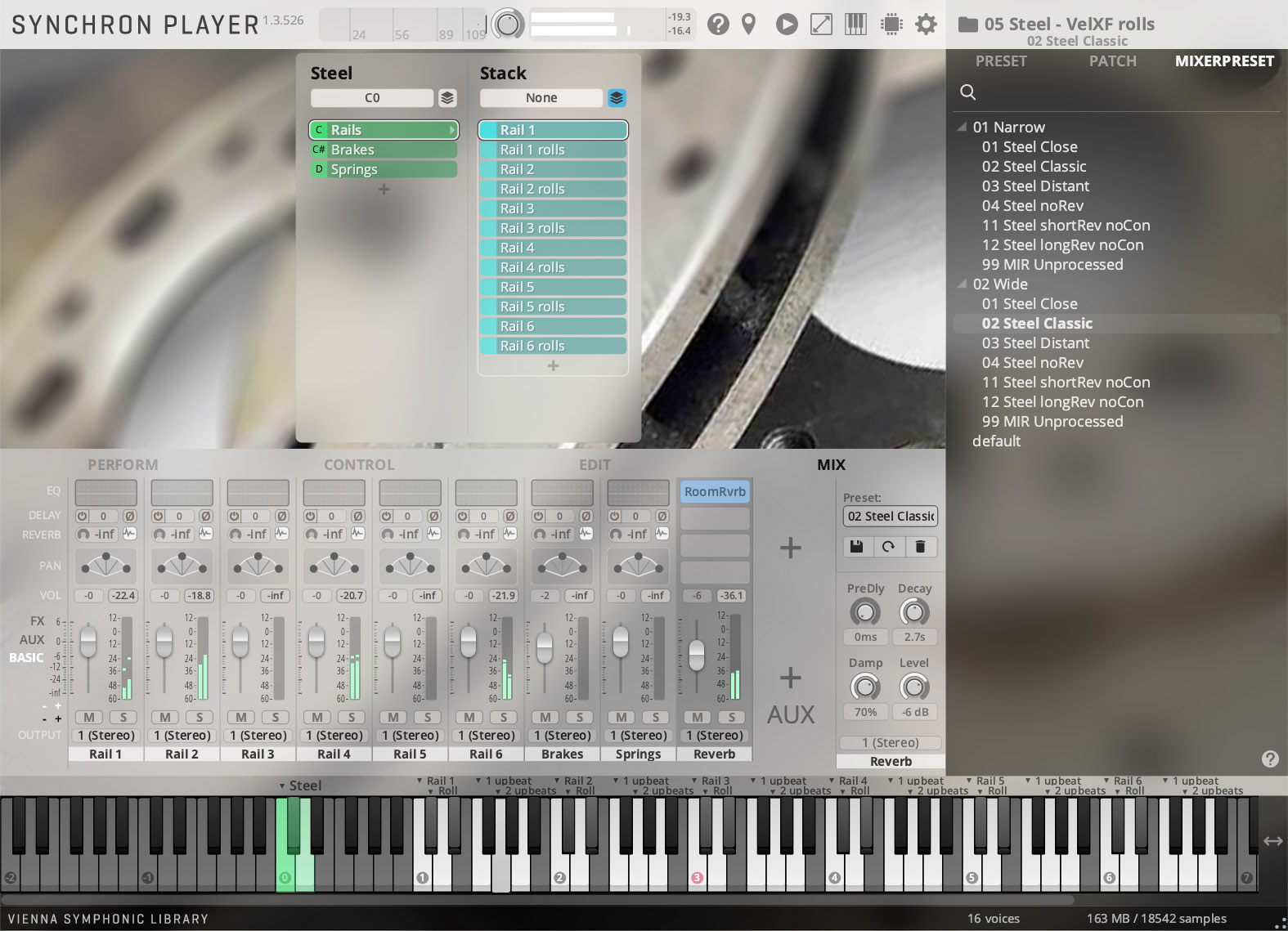 Synchron Player software interface displaying sound library options, controls, mixer, and a virtual keyboard.