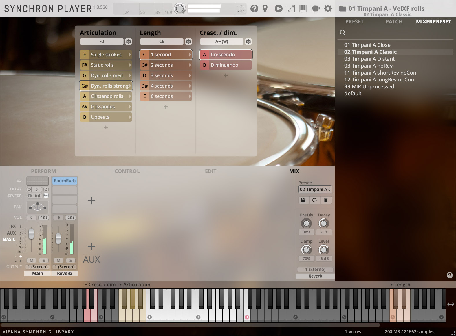 Digital audio workstation interface for Vienna Synchron Player showing Timpani A - VelXF rolls with articulation, length, and crescendo/diminuendo controls and a piano roll keyboard at the bottom.
