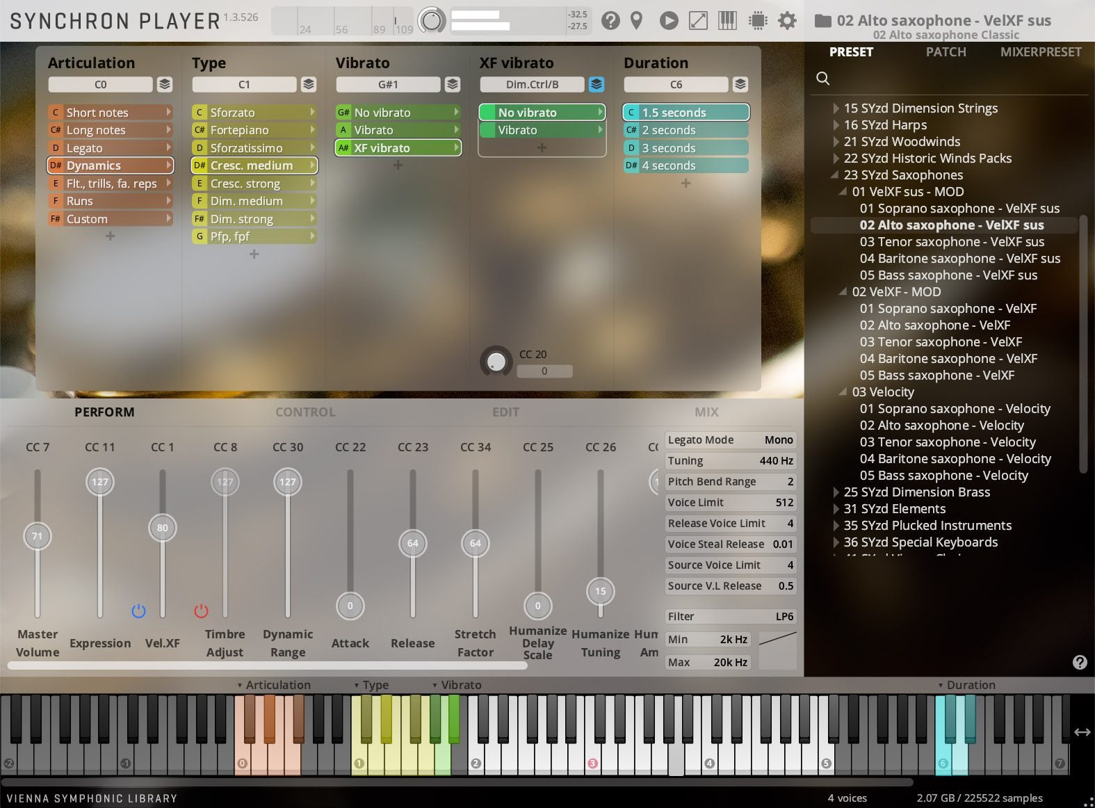 Screenshot of the Vienna Symphonic Library Synchron Player user interface showing articulation, vibrato, and saxophone preset settings.