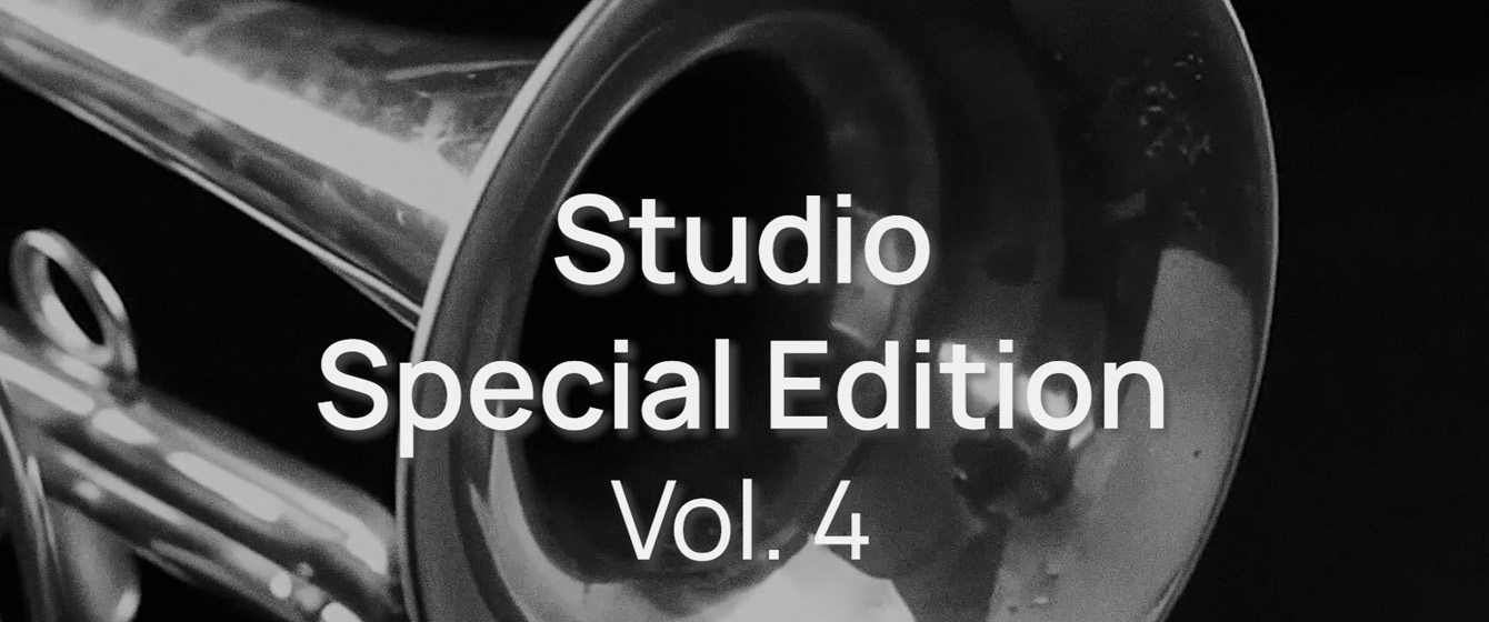 Black and white image of a musical instrument with text overlay Studio Special Edition Vol. 4