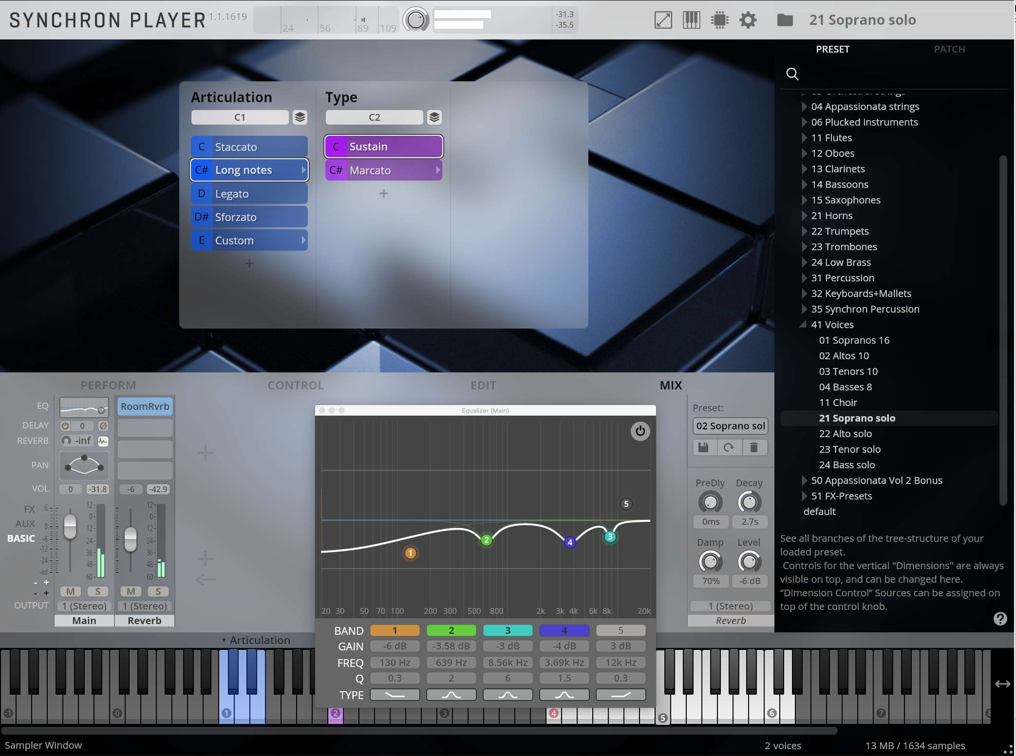 Synchron Player interface showing articulation, type, equalizer, and preset controls for solo soprano.