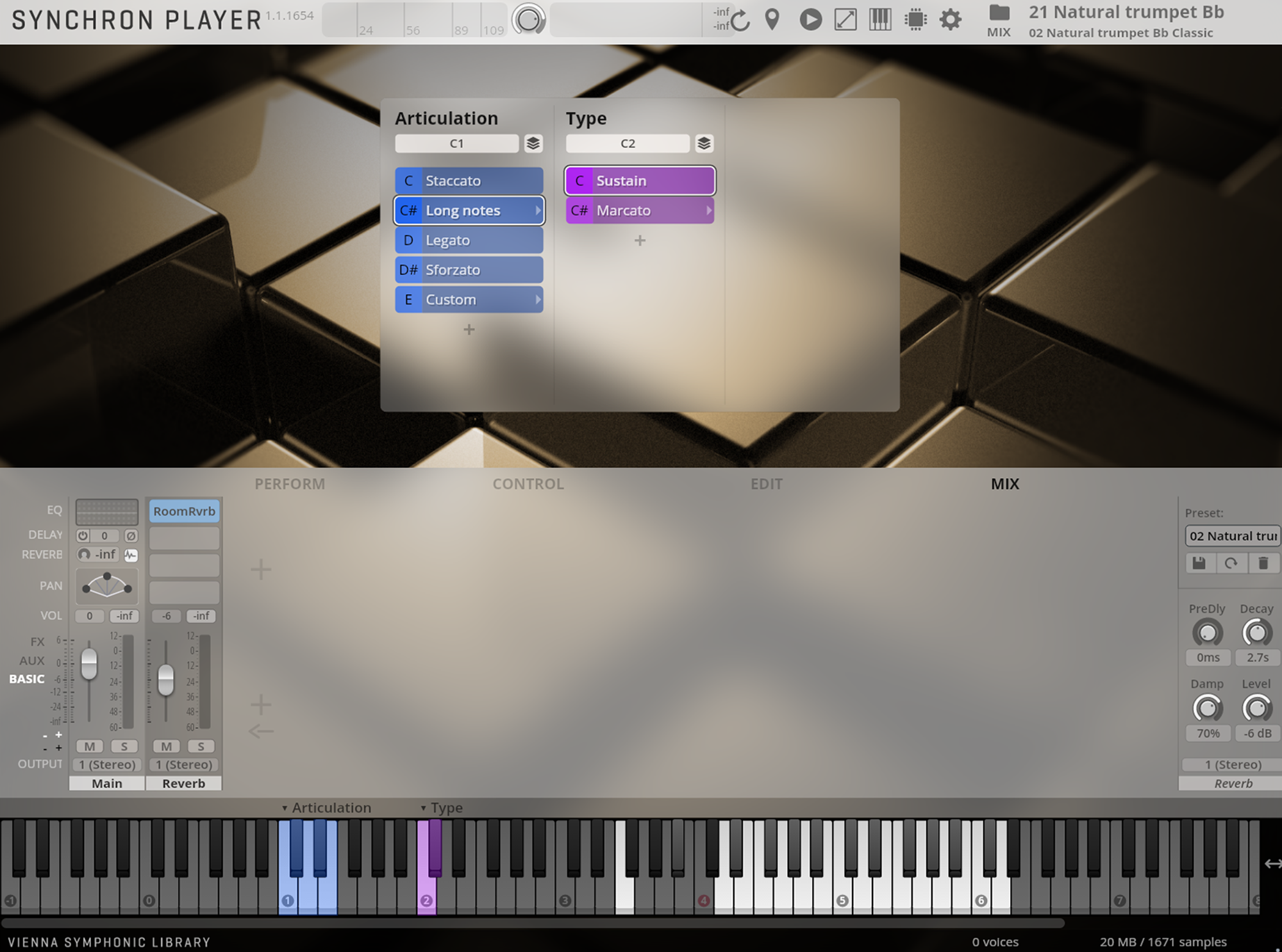 Vienna Symphonic Library Synchron Player software interface showing trumpet articulations like staccato, long notes, legato, sforzato, sustain, and marcato, with mixing and effects controls.