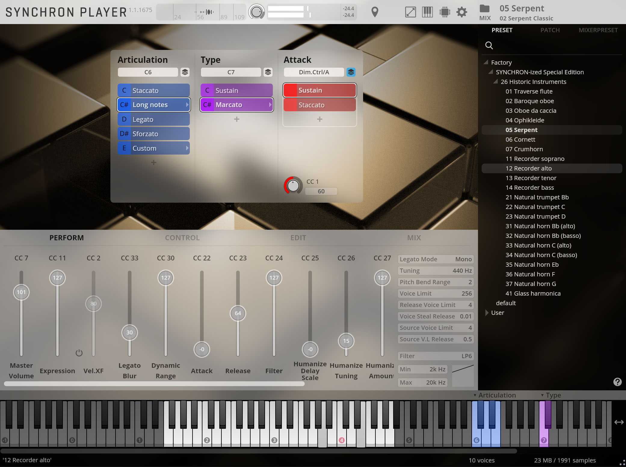 Screenshot of the Synchron Player software, showing the main interface with articulations, instrument types, control sliders, and a list of historic instruments including Recorder alto selected.