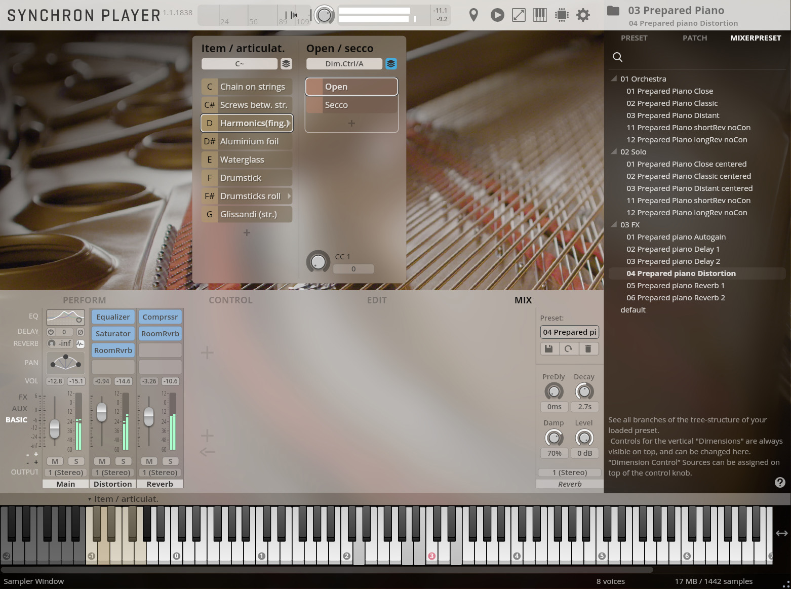 Synchron Player software interface showing prepared piano sound design options, including articulation choices like Harmonics, effect sends for distortion and reverb, and a full musical keyboard at the bottom.