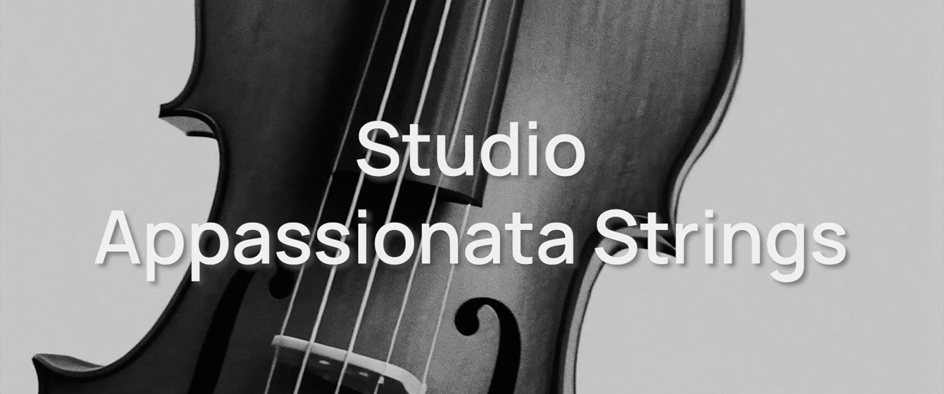 Grayscale close-up of a cello or violin, with the white text Studio Appassionata Strings centered on the instrument's body.