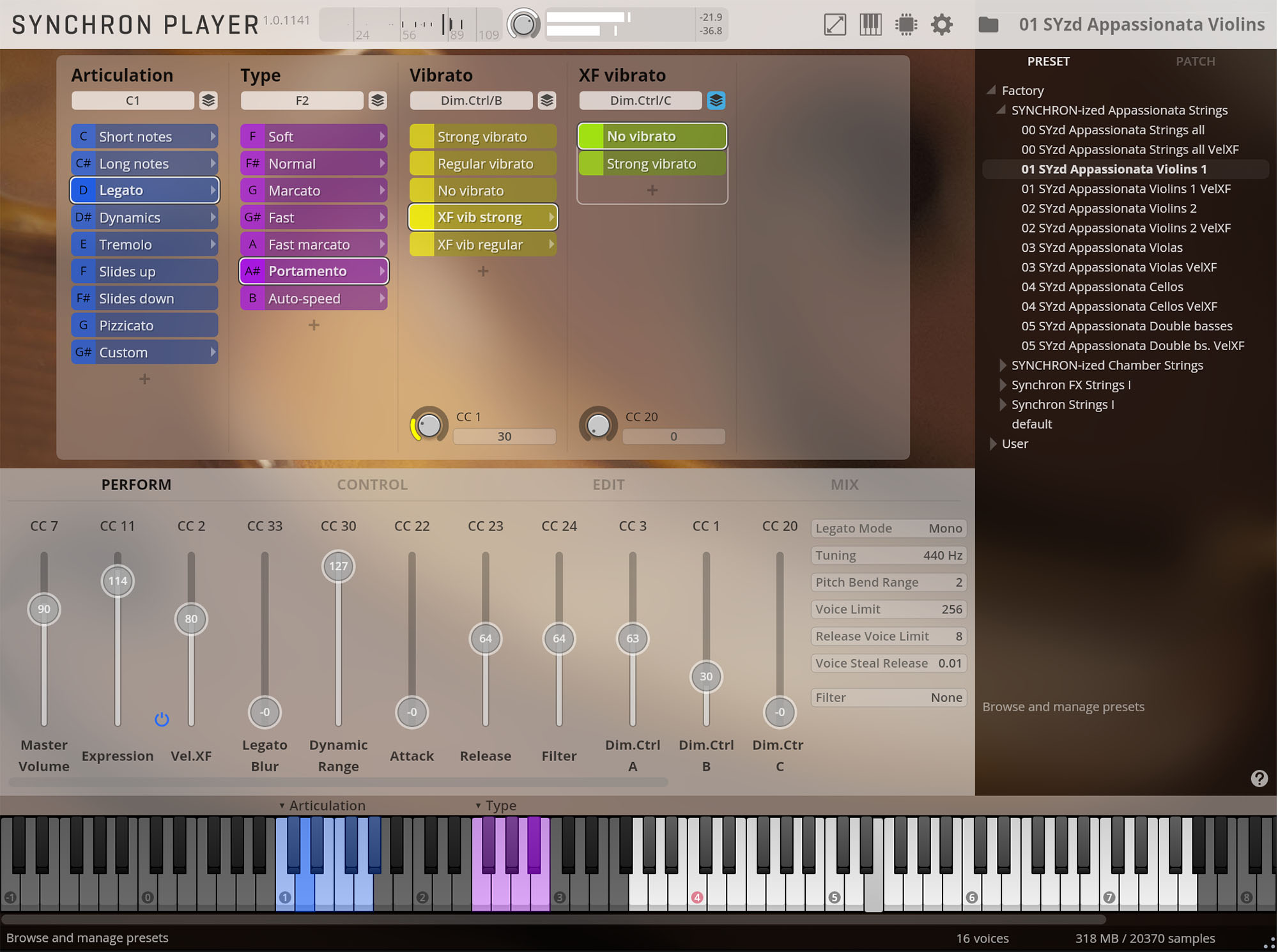 SYNCHRON PLAYER software interface showing instrument articulation, type, vibrato settings, performance controls, and sound library selection for violins.