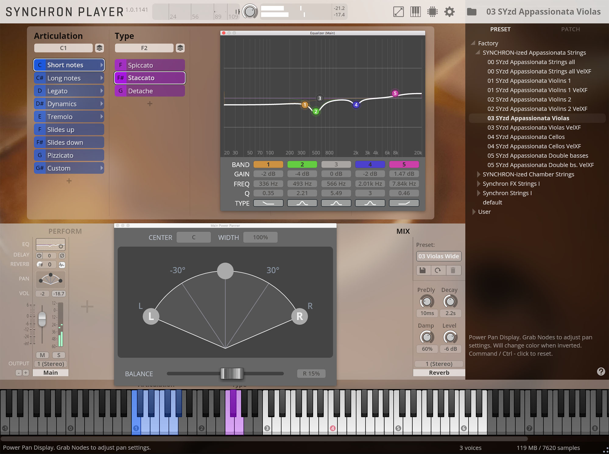 Synchron Player user interface with articulation, type, equalizer, pan, and preset settings for violas